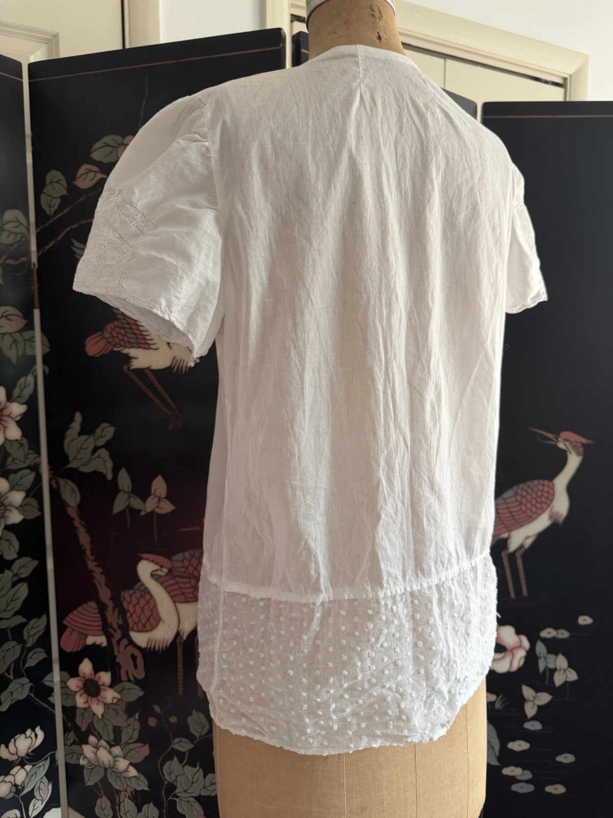 Vintage 1940’s White Cotton Blouse Dotted Swiss & Crochet Lace Puff Sleeve Top