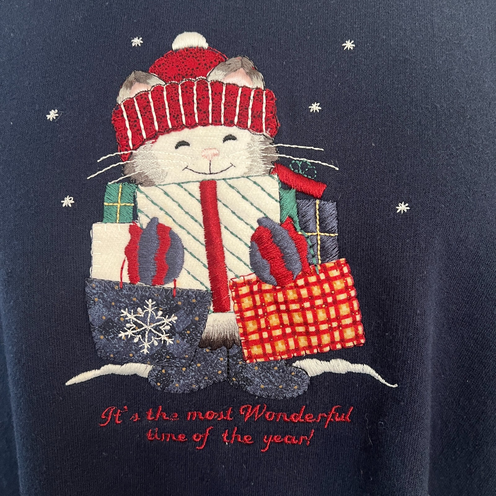 Top Stitch by Morning Sun Navy Blue Christmas Cat Sweatshirt sz XL Grannycore