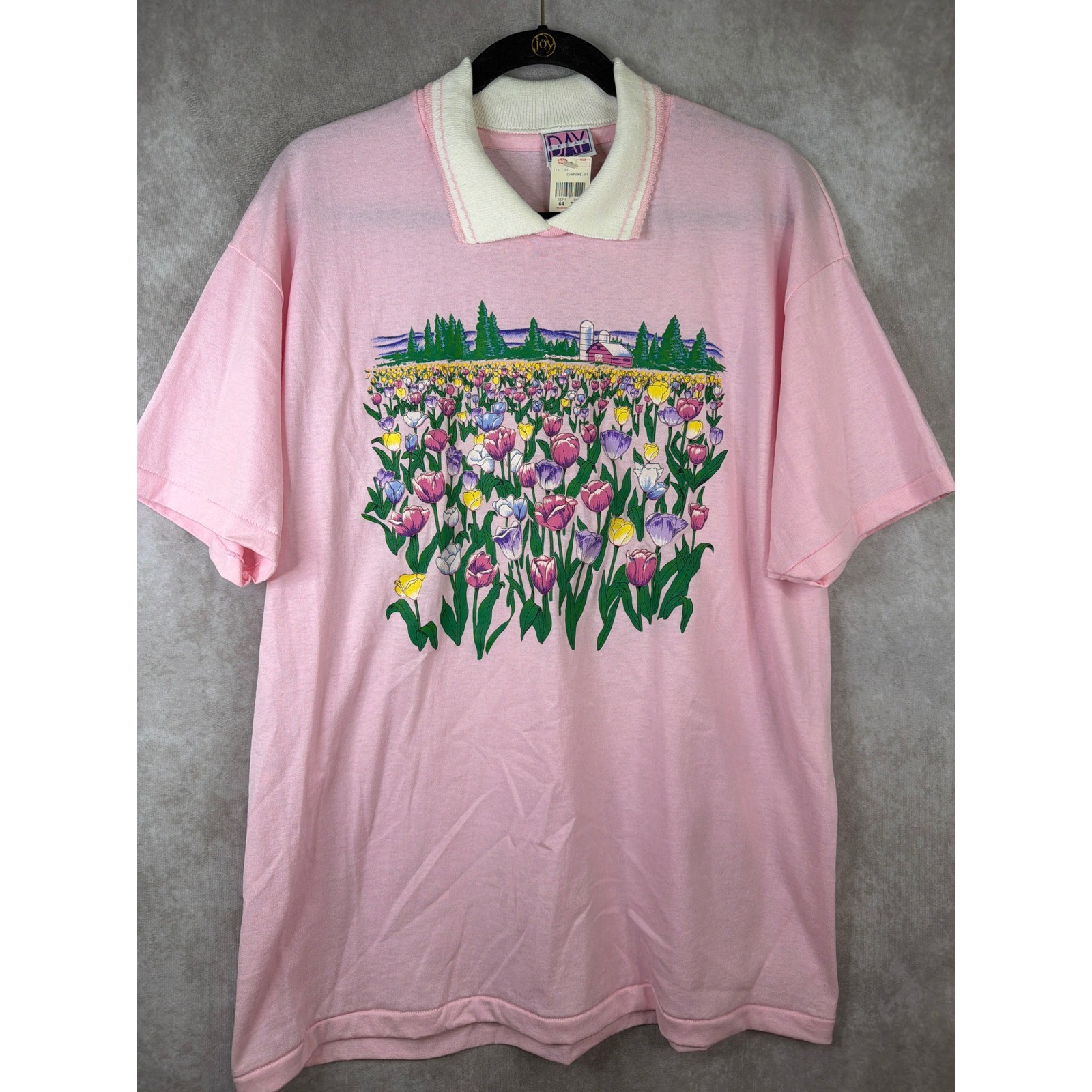 VTG NWT Daybreak Polo Shirt Womens XL Pink Tulip Floral Cottagecore Singlestitch