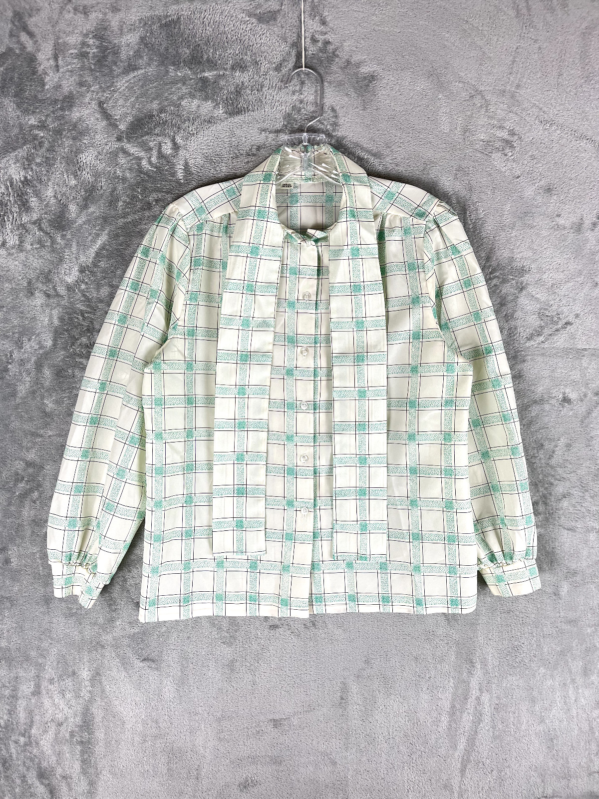 Vintage Pussy Bow Blouse Secretary Geek Medium Made in USA Windowpane Plaid
