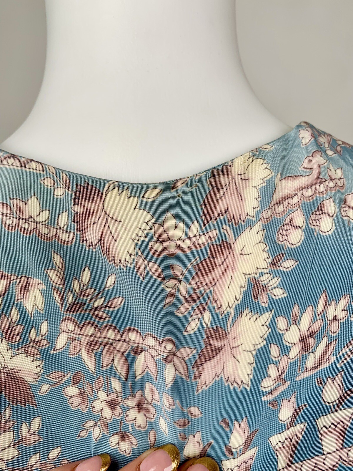 Vintage 1940s Rayon Novelty Print Shirtwaist Dress Deer Potted Flowers Blue Grey