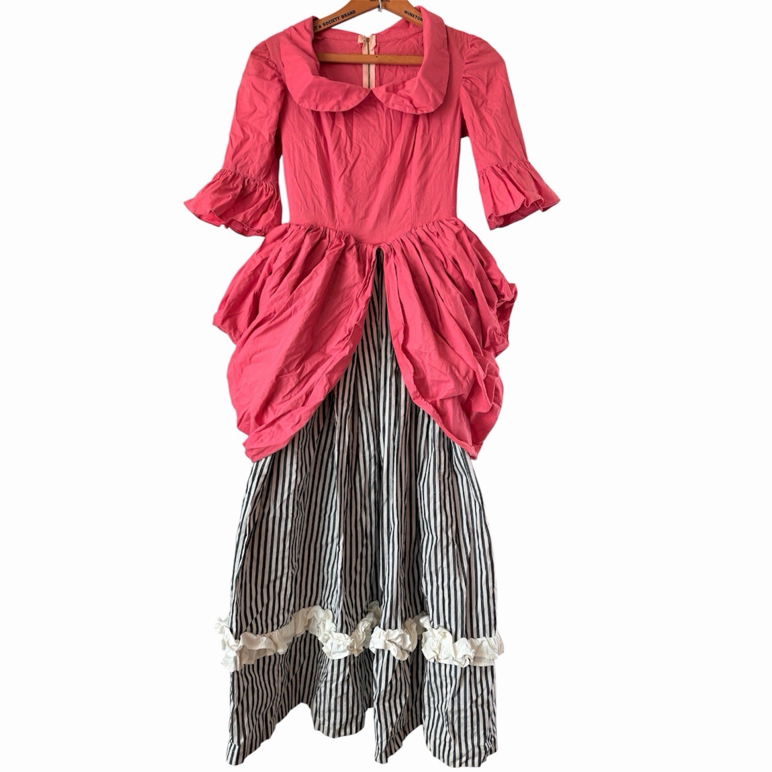 Vintage 1950s Pink Cotton Party Dress Bustle Black White Stripe Carnival Circus