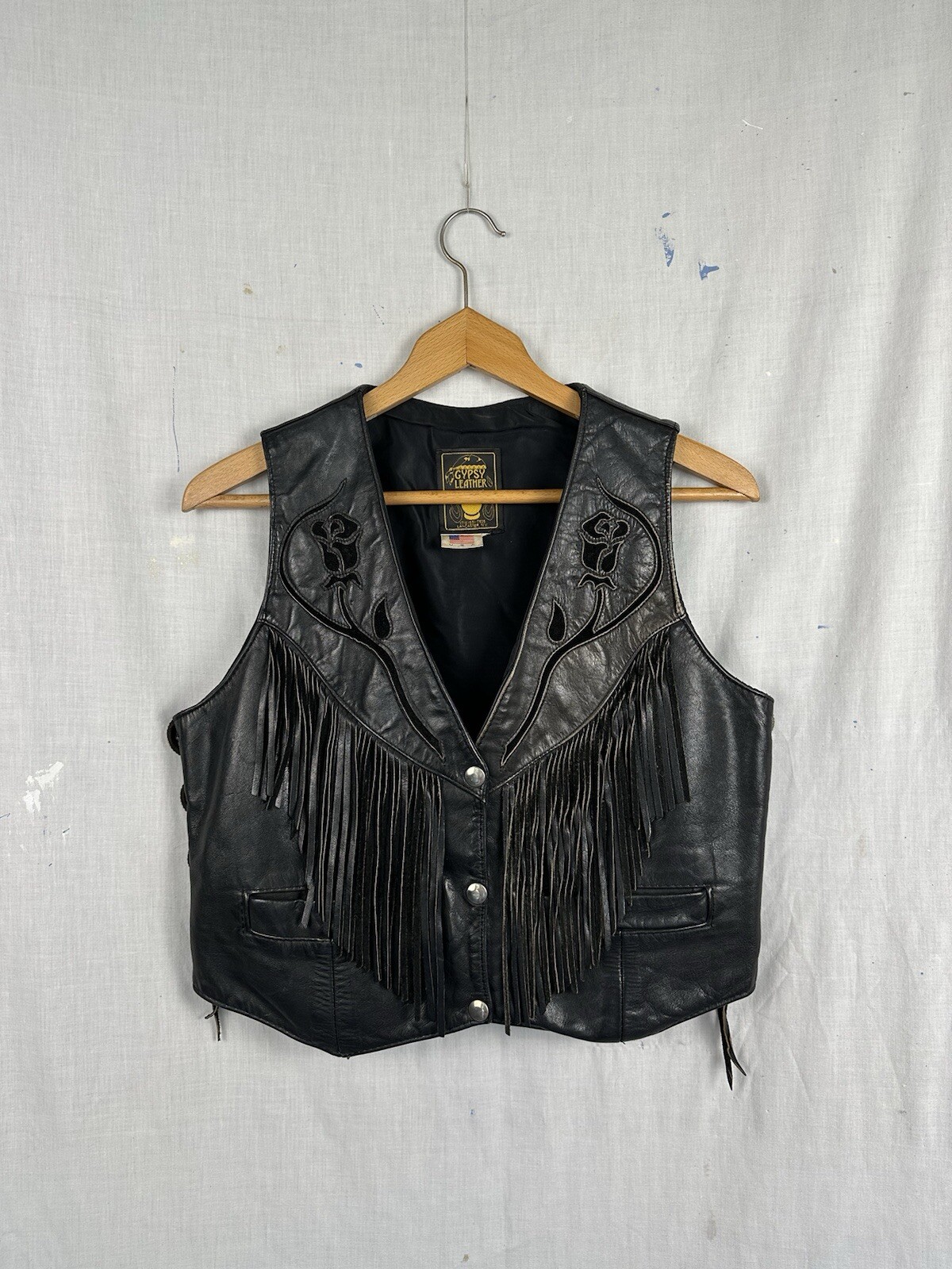 1970’s Gypsy Leather black leather etched fringe vest