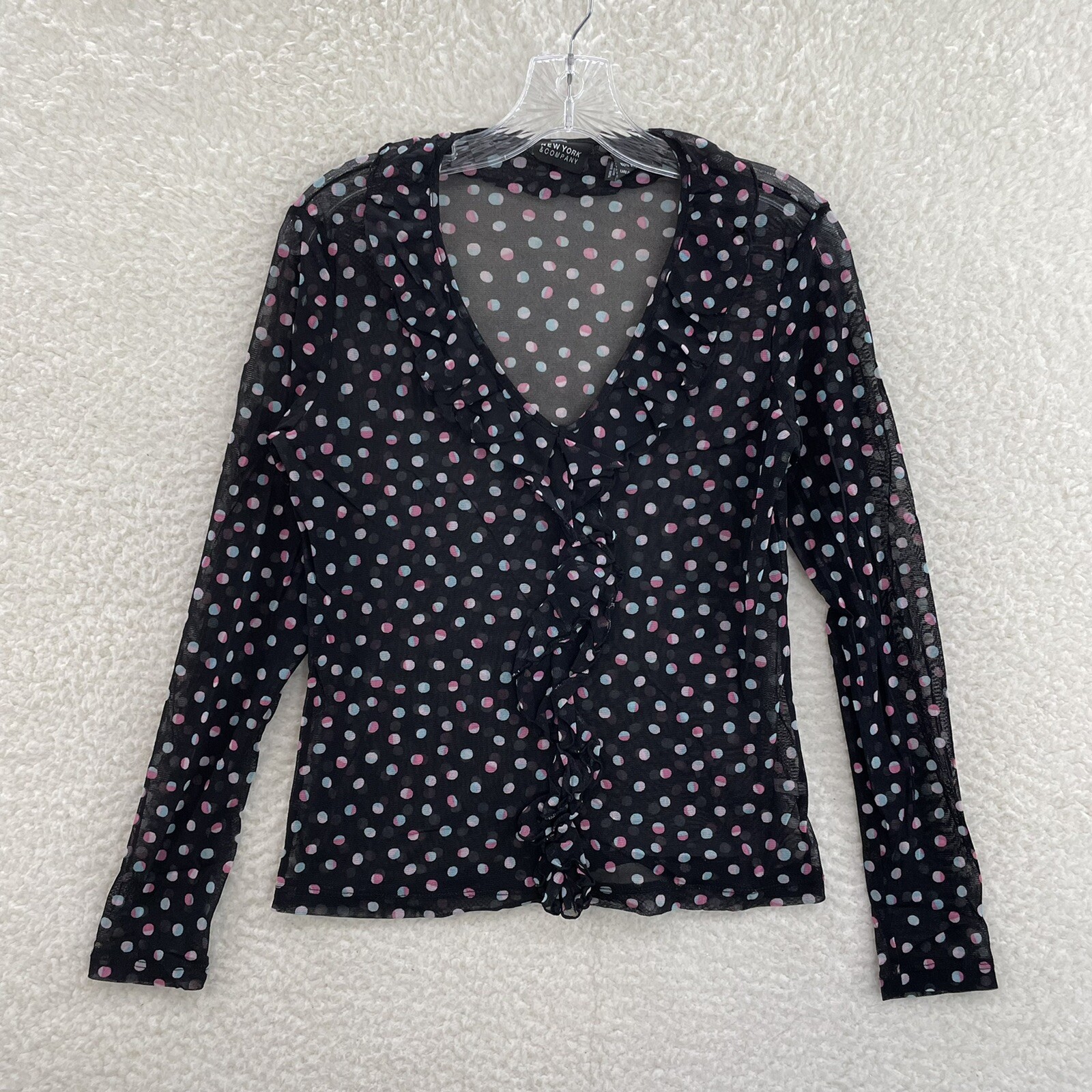 Y2K Vintage Top Button Blouse Medium Black Polka Dot Mesh Sheer Corpcore Office