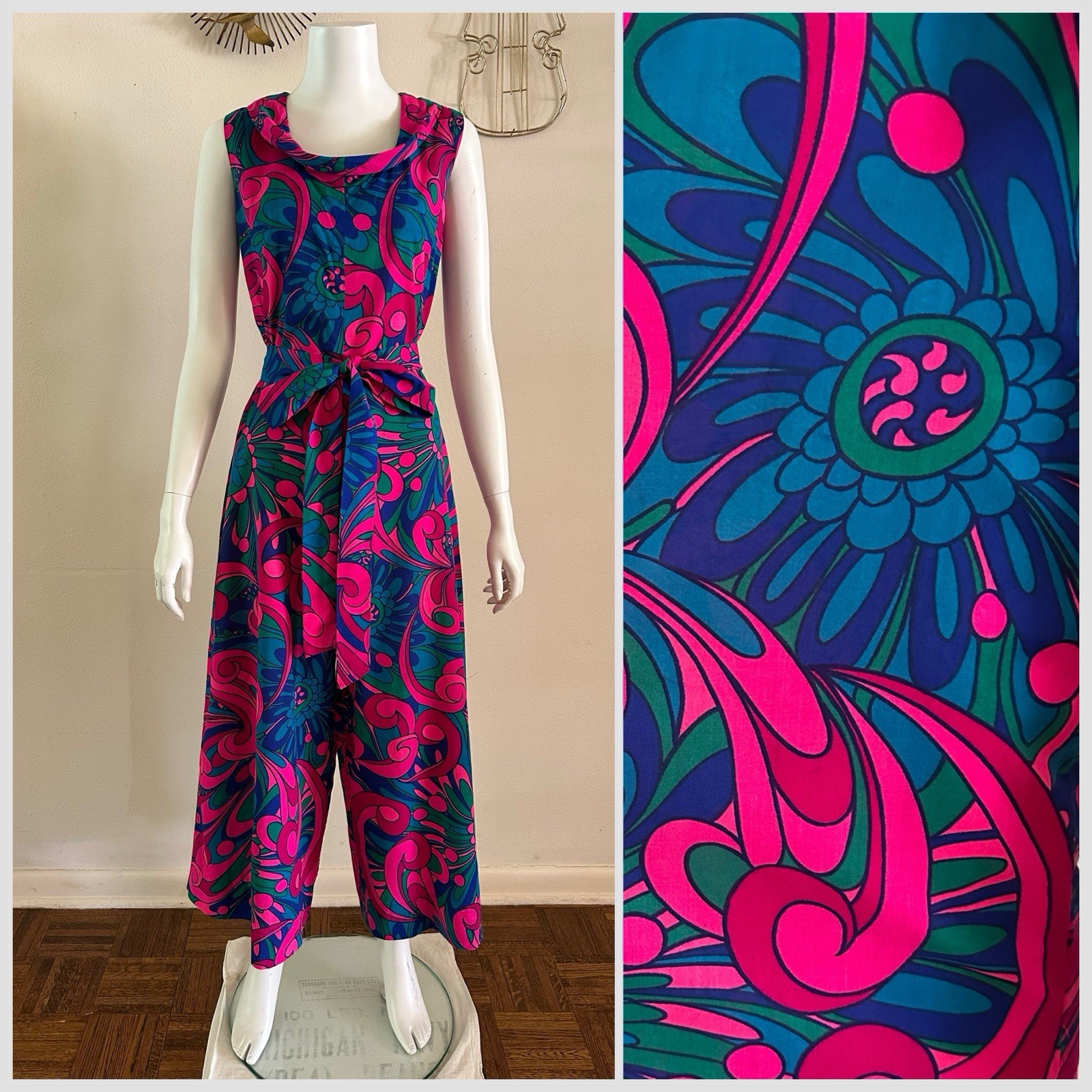 1960s Fumis Waikiki Hawaiian Palazzo Jumpsuit Psychedelic Floral Hostess Mod VTG