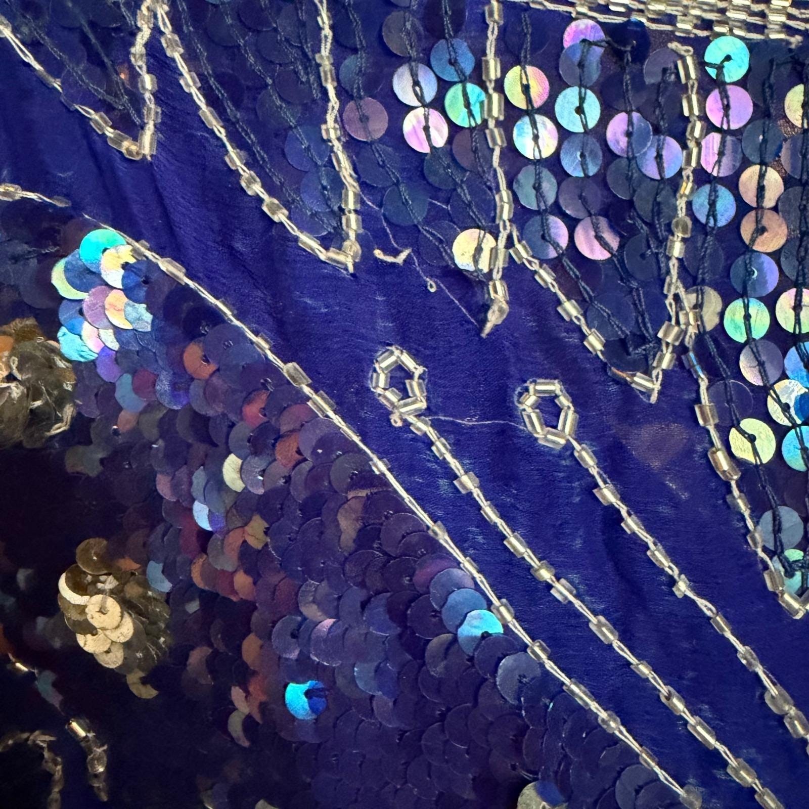 Vtg 70s Blue Butterfly Sequin Beaded Silk Top Disco Party Blouse B40 W30 S DMG