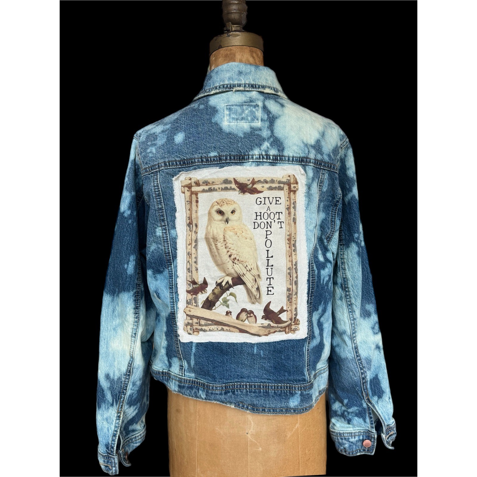 OOAK Bleached Owl Denim Jacket Give A Hoot Don’t Pollute Art Medium
