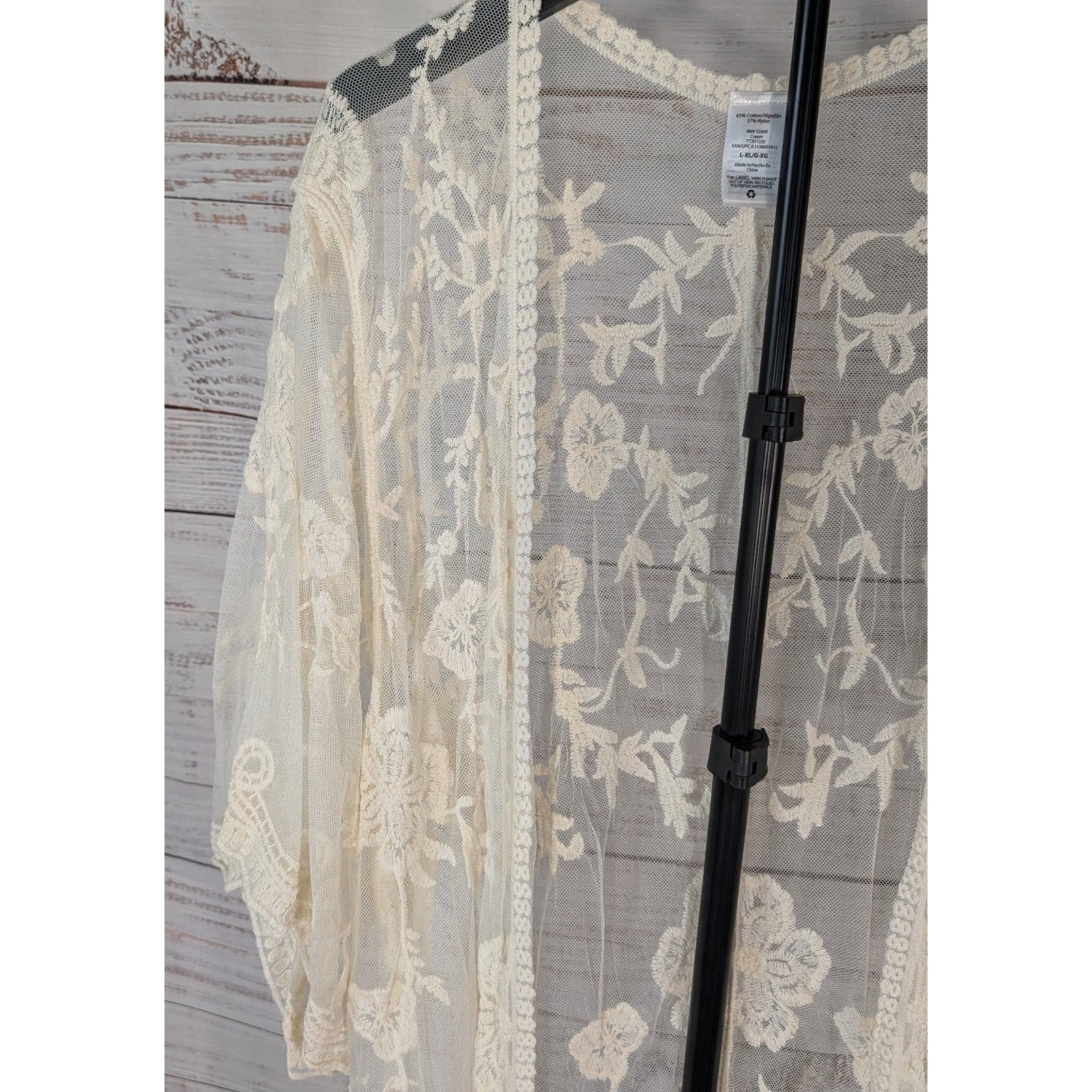 Cream Floral Lace Kimono Cardigan L-XL Embroidered Sheer Boho