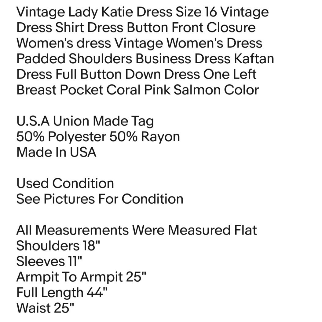 Vintage Lady Katie Dress Size 16 Vintage Dress Shirt Dress Button Front Closure