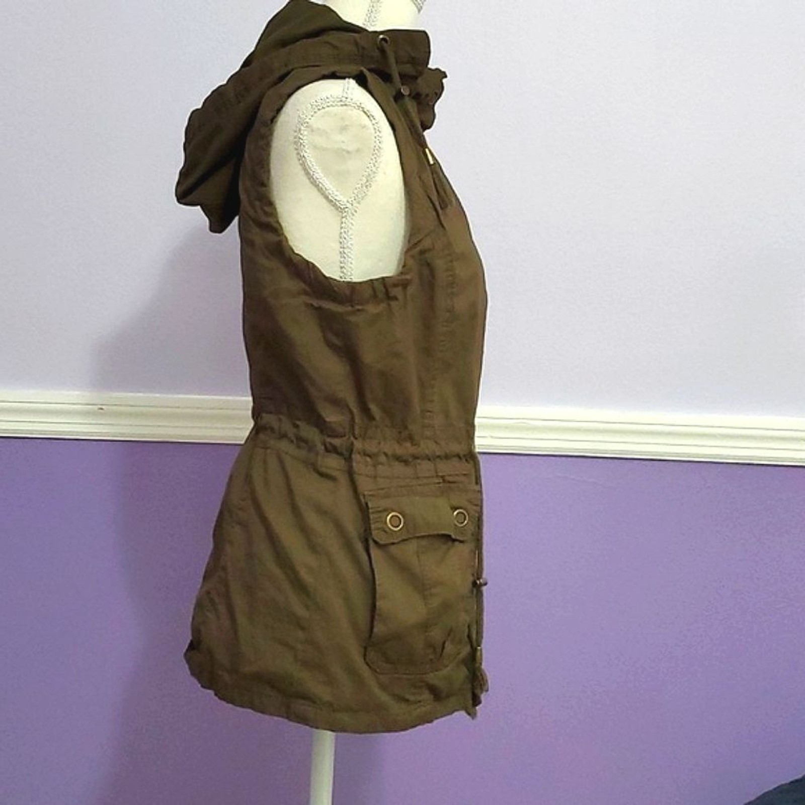 VTG Snobbish Olive Military Utility Cargo Sleeveless Hooded Tied Waist Jacket M