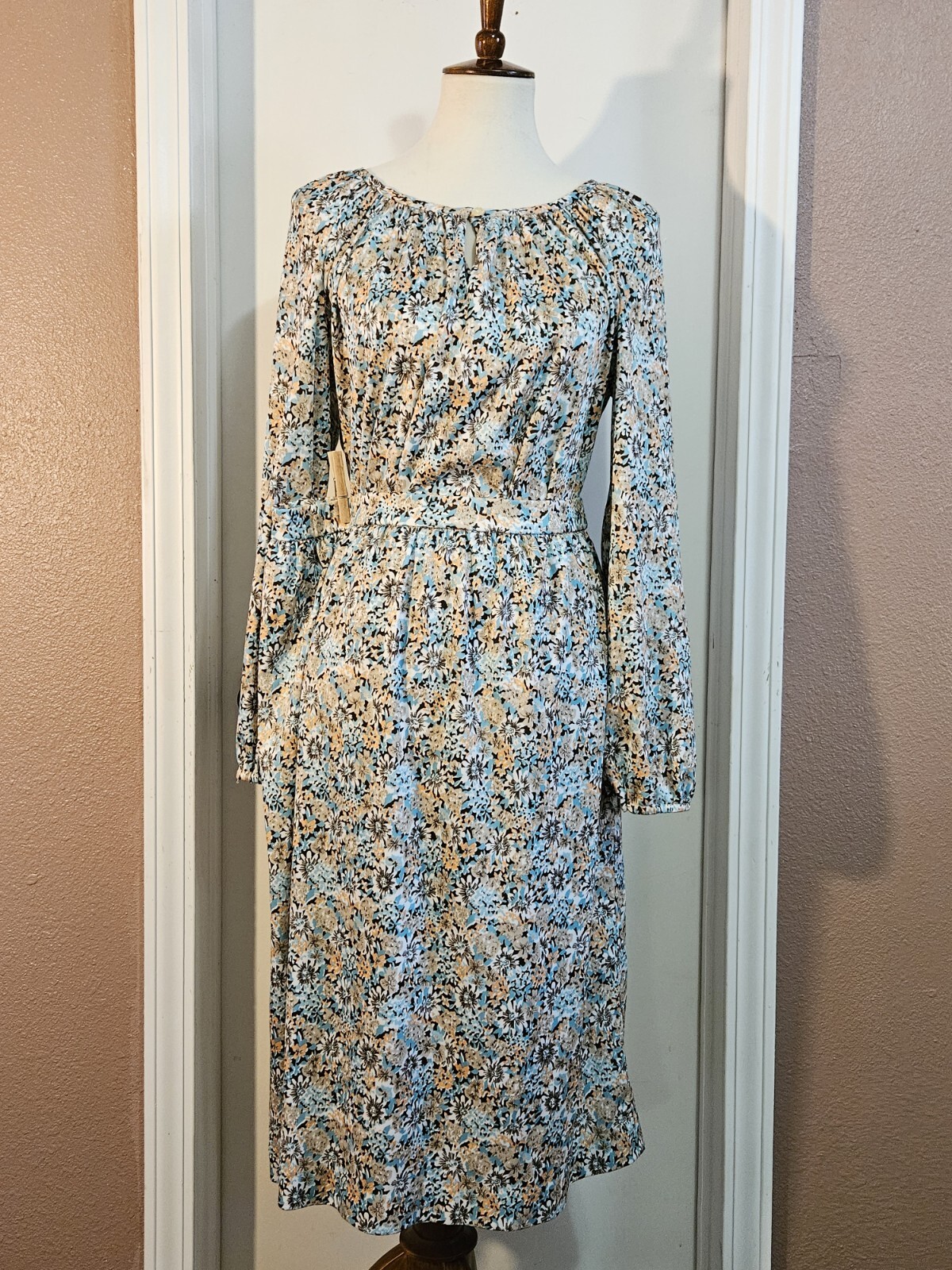 Vintage 1970s Brown Blue And Cream Blouse And Skirt Set Size Large Center Stage