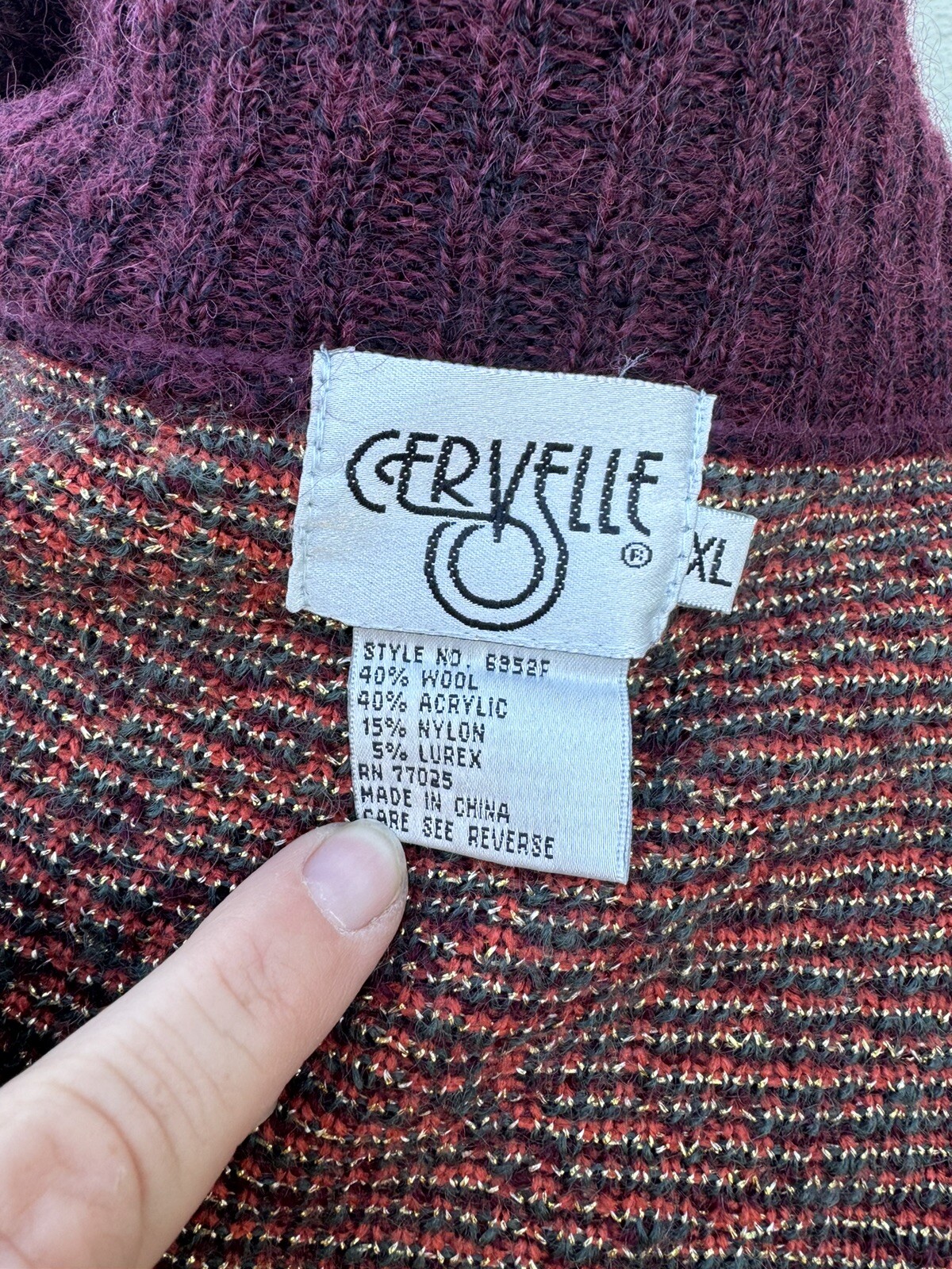 Vtg Cervelle Long Sweater Duster Size XL Burgundy Gold Wool Lurex Fall Pockets