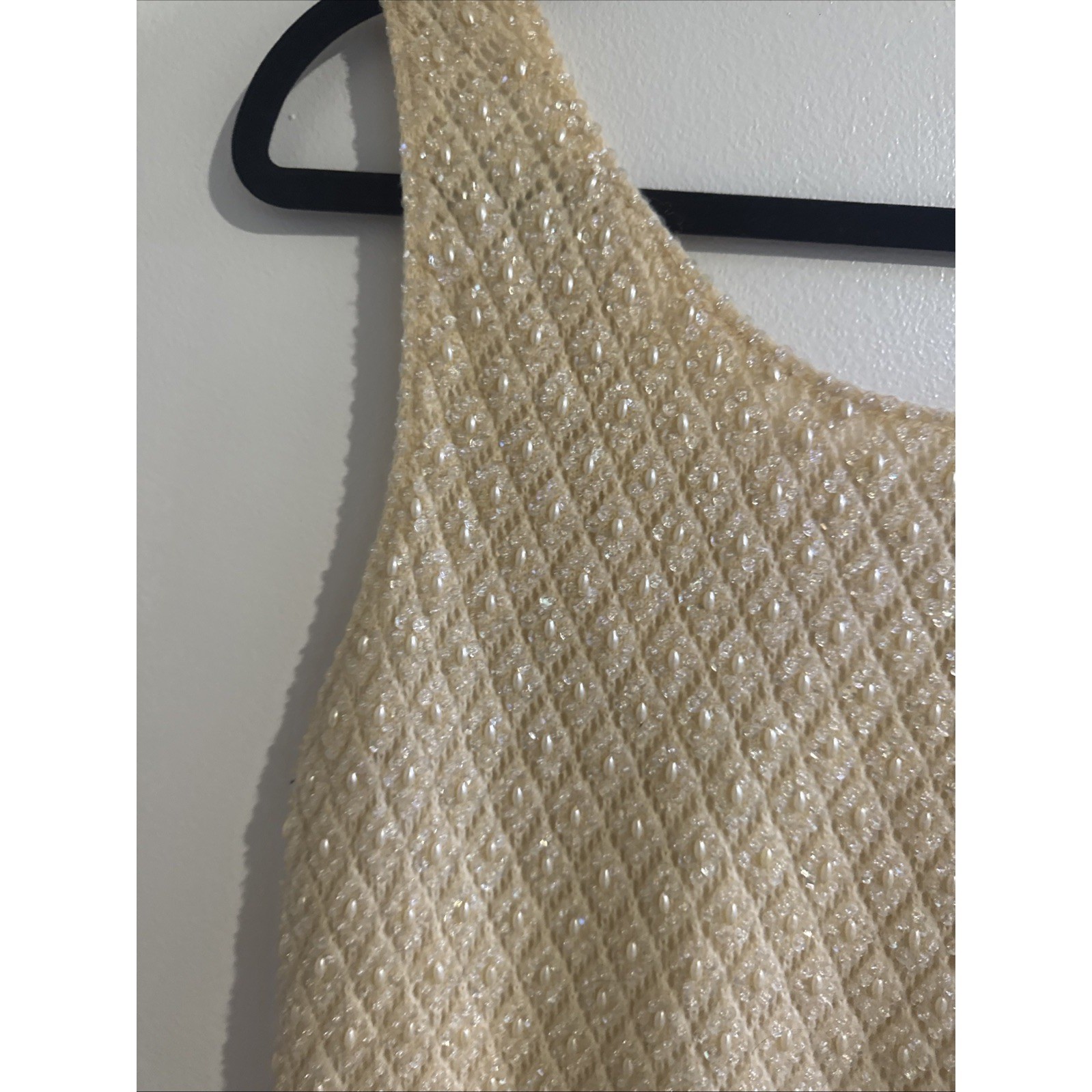 Vintage Beaded Sequin Knit Tank Top Cream Champagne Pearl Fringe Shell L