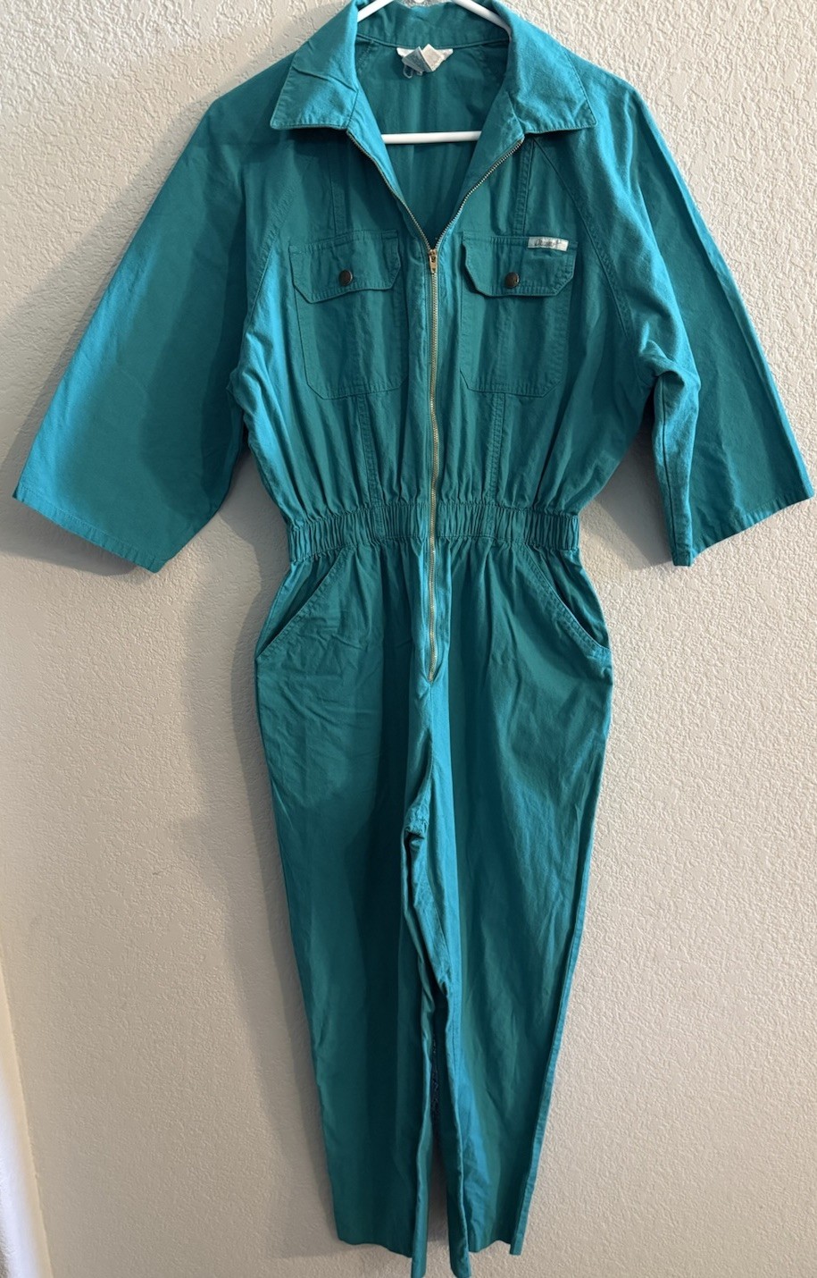 Vintage 1980s One Piece Dreams Zipper Front Elastic Waist Jumpsuit – Teal – M