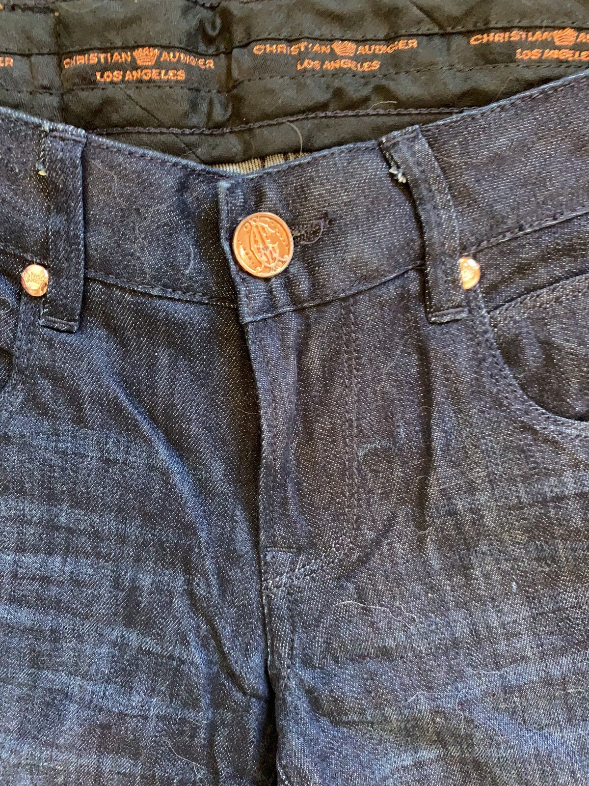 VTG Y2K Christian Audigier JEANS TAPER CROP ZIP LEG Low Rise DARK WASH 29X26