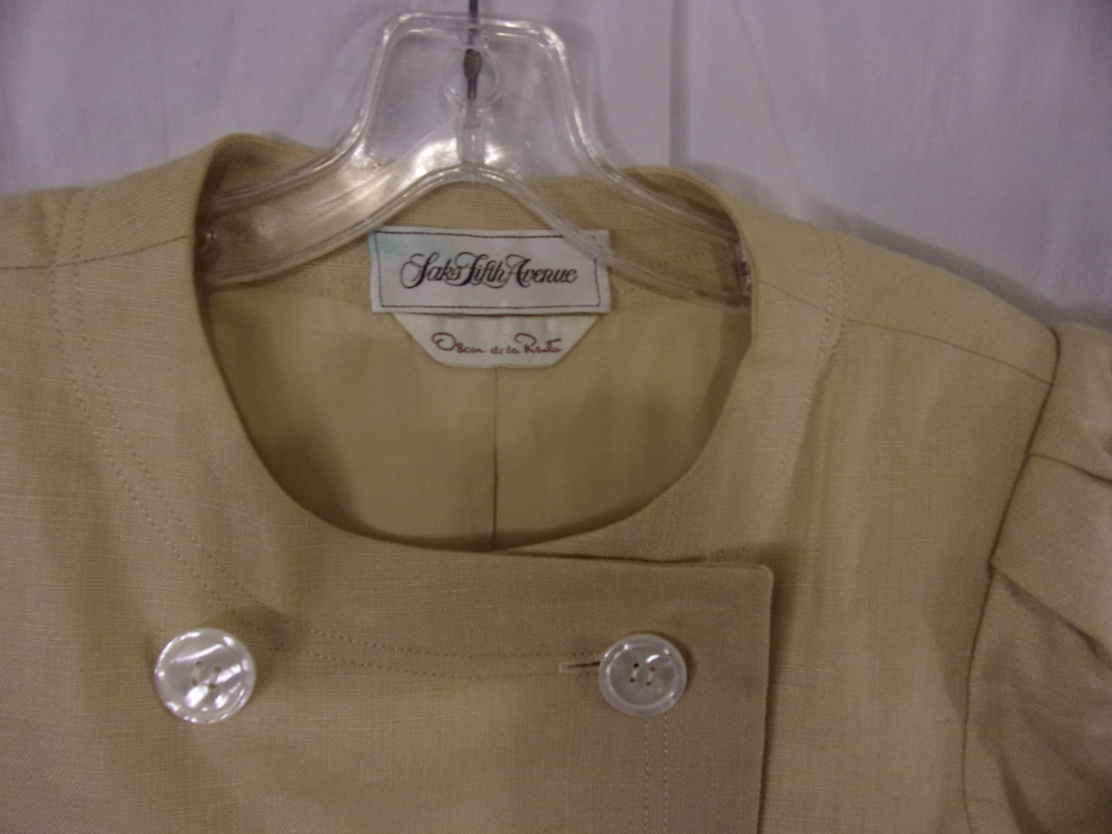 Vintage Oscar De La Renta For Saks Tan Linen Skirt Suit 12 Classic Short Sleeve