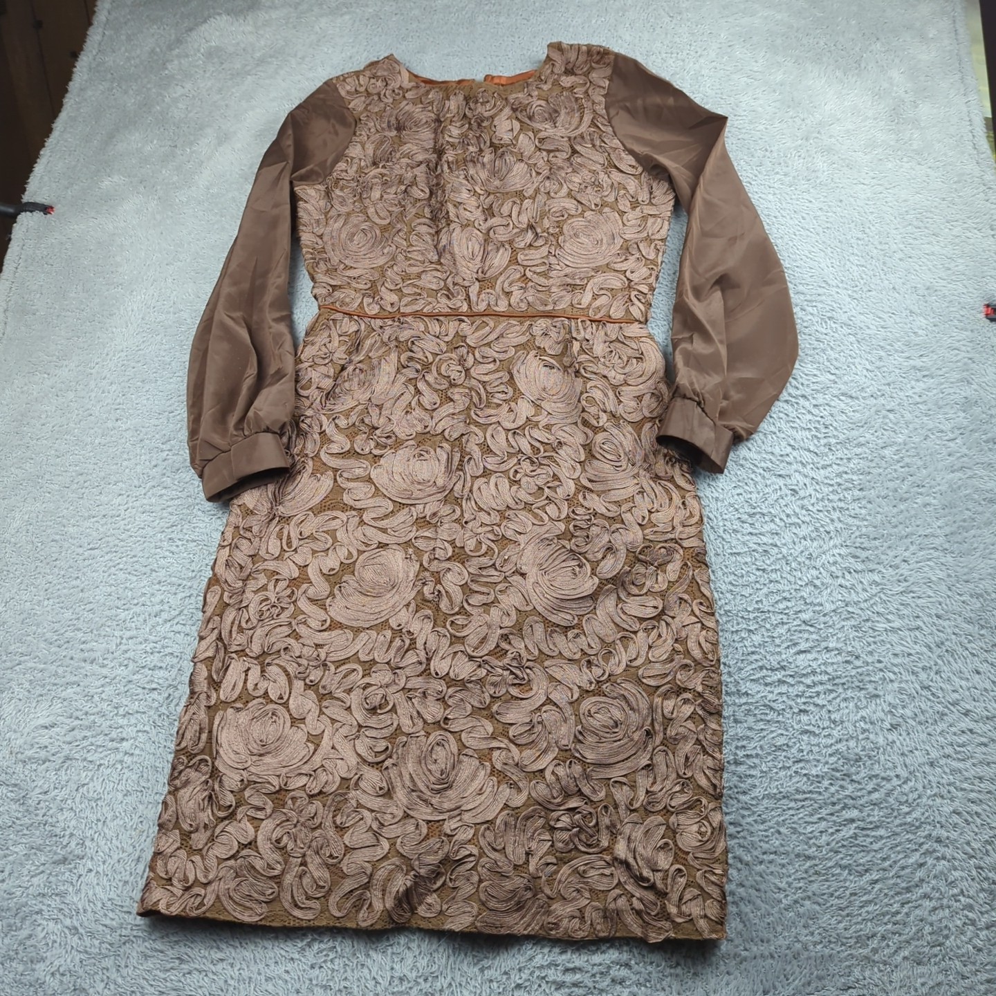Vintage 60s Dress Women 14 Brown Embroidered Applique Lee Richard Cocktail Talon