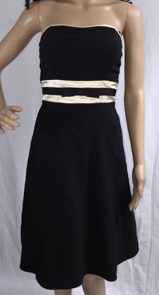 Vintage 90s BCX Strapless Party Dress Juniors Size 5 Black Ivory Satin Trim Bow