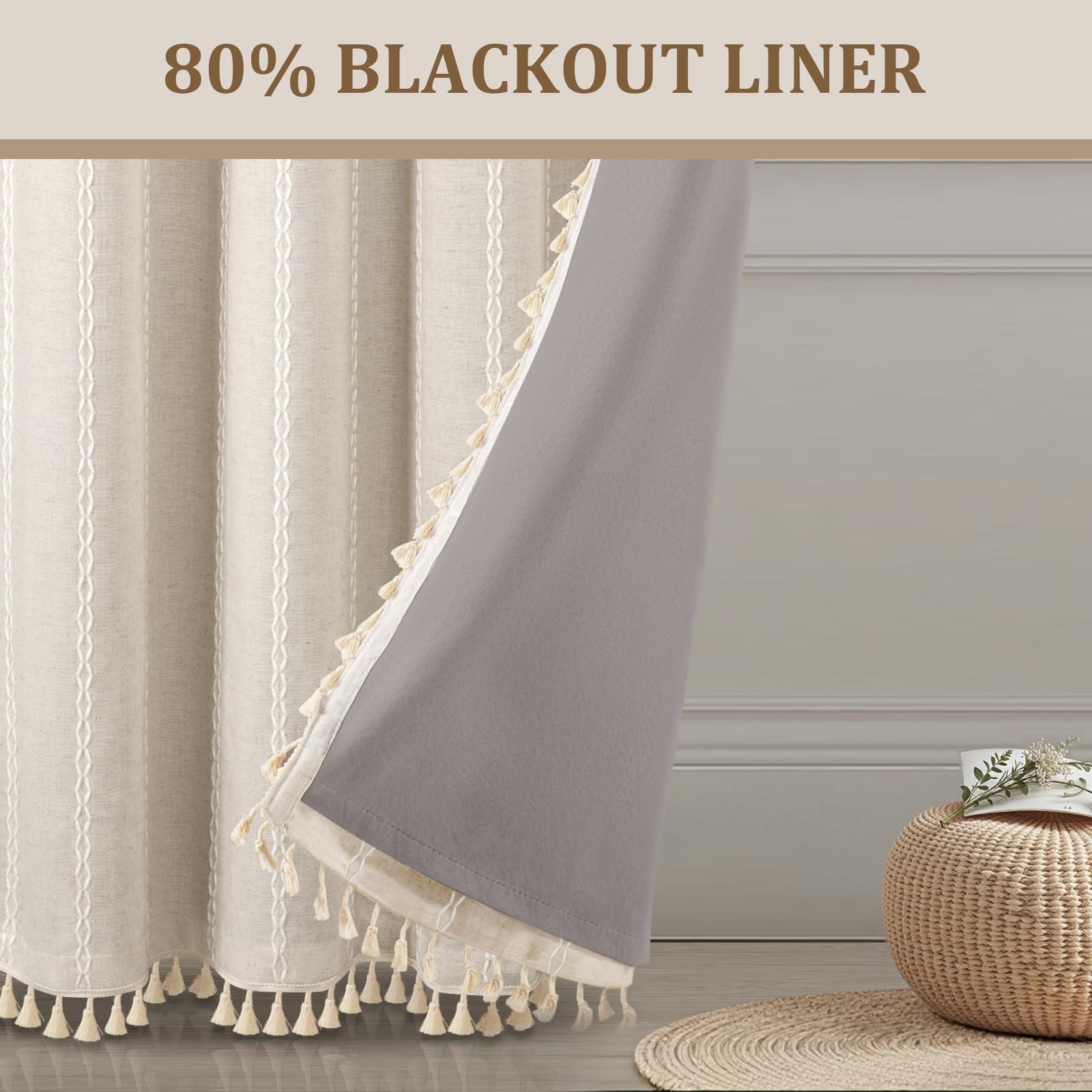 Boho 80% Blackout Curtains with Gray Liner 84 Inches Long 2 Panels Set, Beige…