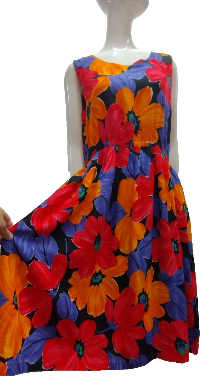 Vintage 1980s Big Floral Dress Sleeveless Sundress Red Orange Daisy Blue Medium