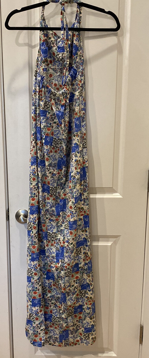 Vintage Handmade 70’s Halter Maxi Dress Patchwork blue red yellow white