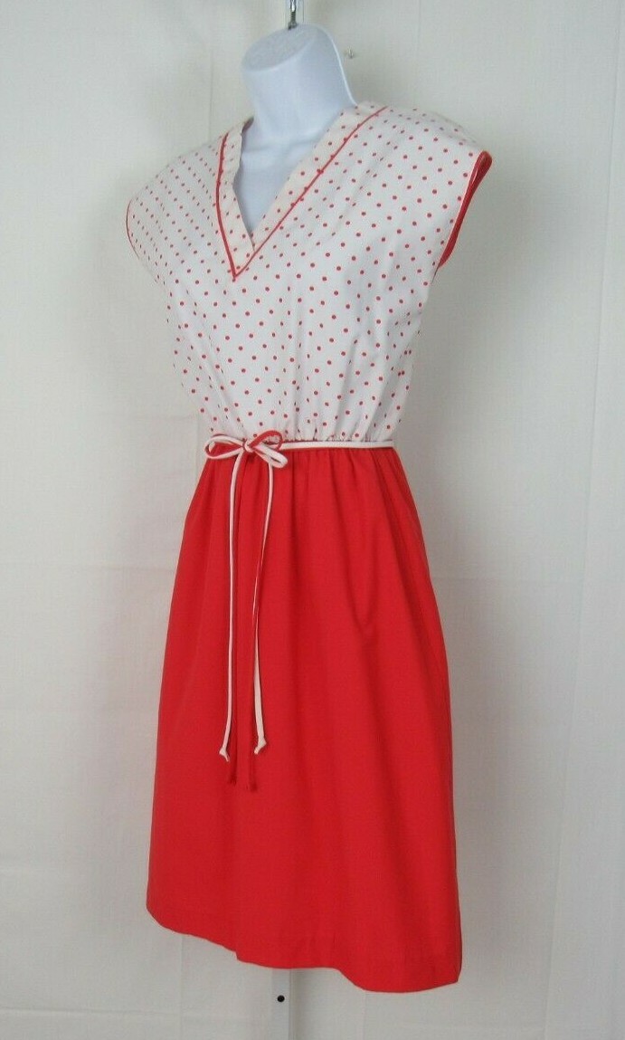 VTG 1970s SANSAGE DRESS & BELT RED WHITE POLKA DOTS BELT COTTON BLEND