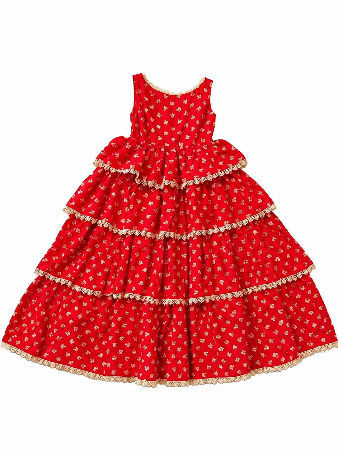 Handcrafted Red Prairie Dress Cottagecore Pioneer Western Tiered Maxi