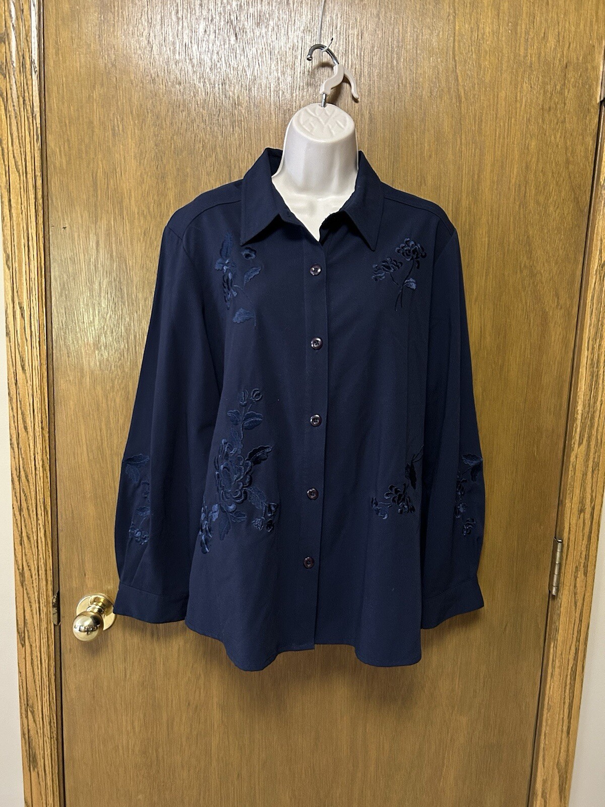 VTG 80s 90s GRAFF size PL L PETITE Blouse shirt top EMBROIDERED NAVY BLUE Y24