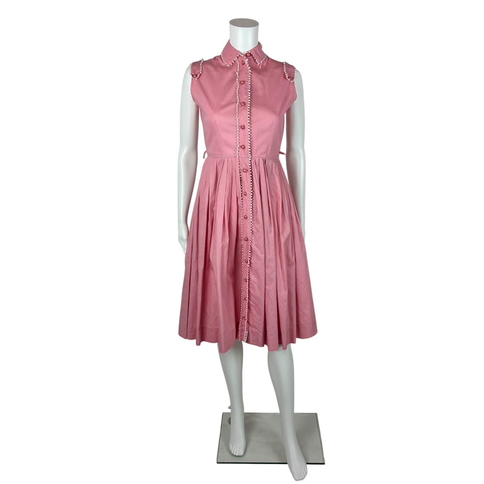Vintage 50s Pink Shirtdress Women’s Size XXS Cotton Scallop Trim Fit & Flare
