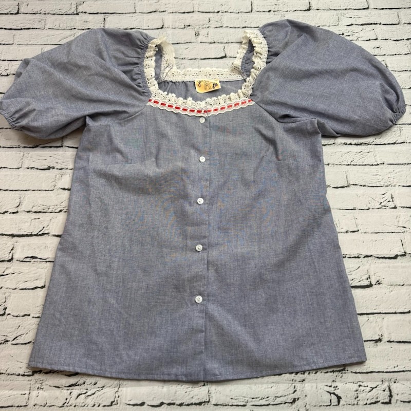 Vintage Jeri Bee Square Dance Cottagecore Lace Collar Western Blouse Top Blue