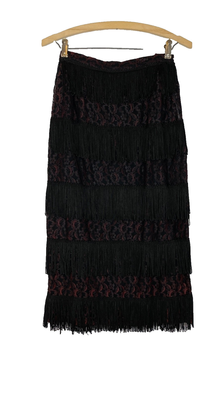 Vintage 1950s black lace fringe wiggle skirt XS pencil high waist midi
