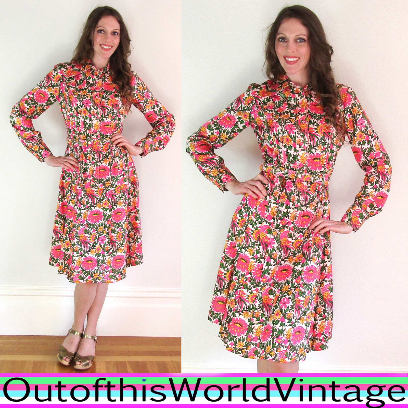 Vtg 60s MOD 100% SILK ART NOUVEAU floral dress PINK FLOWER POWER BIRD Designer