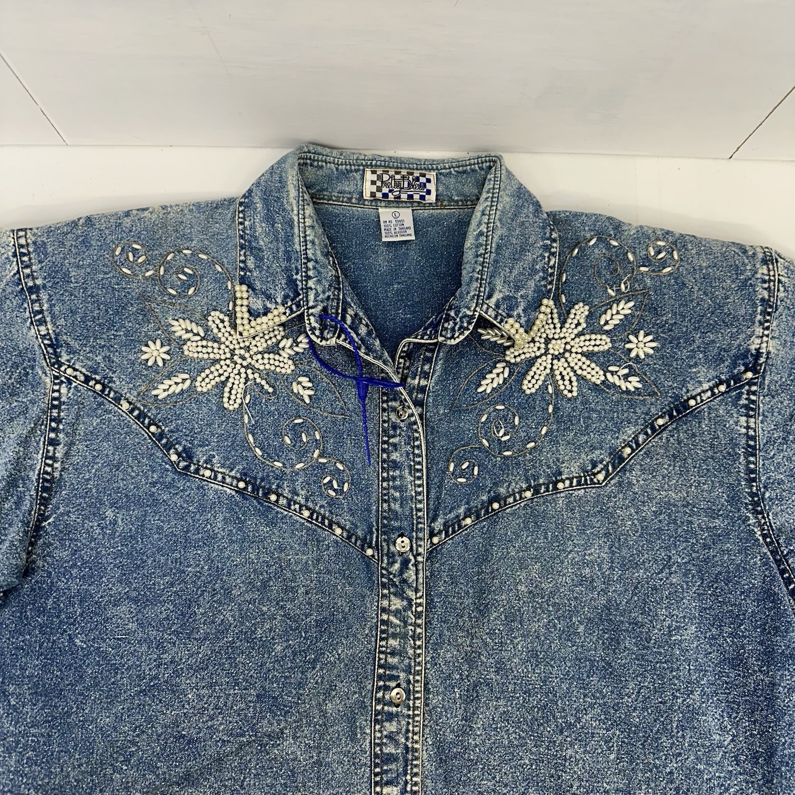 VTG Pretty Bleu Womans Floral Embellished AcidDenim WashWestern RetroTop L READ