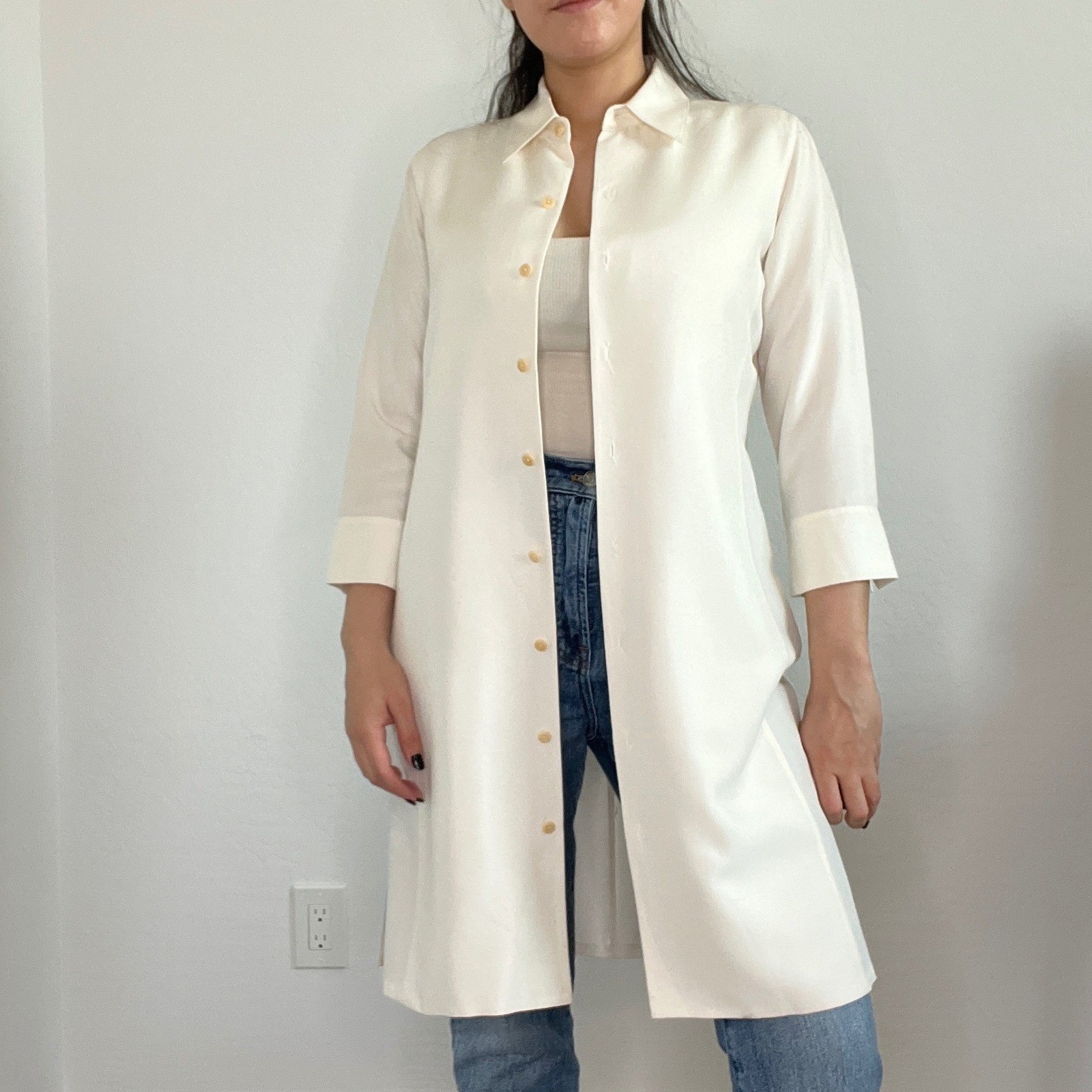 Barry Bricken Shirt Dress Women XS Cream 100% Silk Longline Button Front Vintage