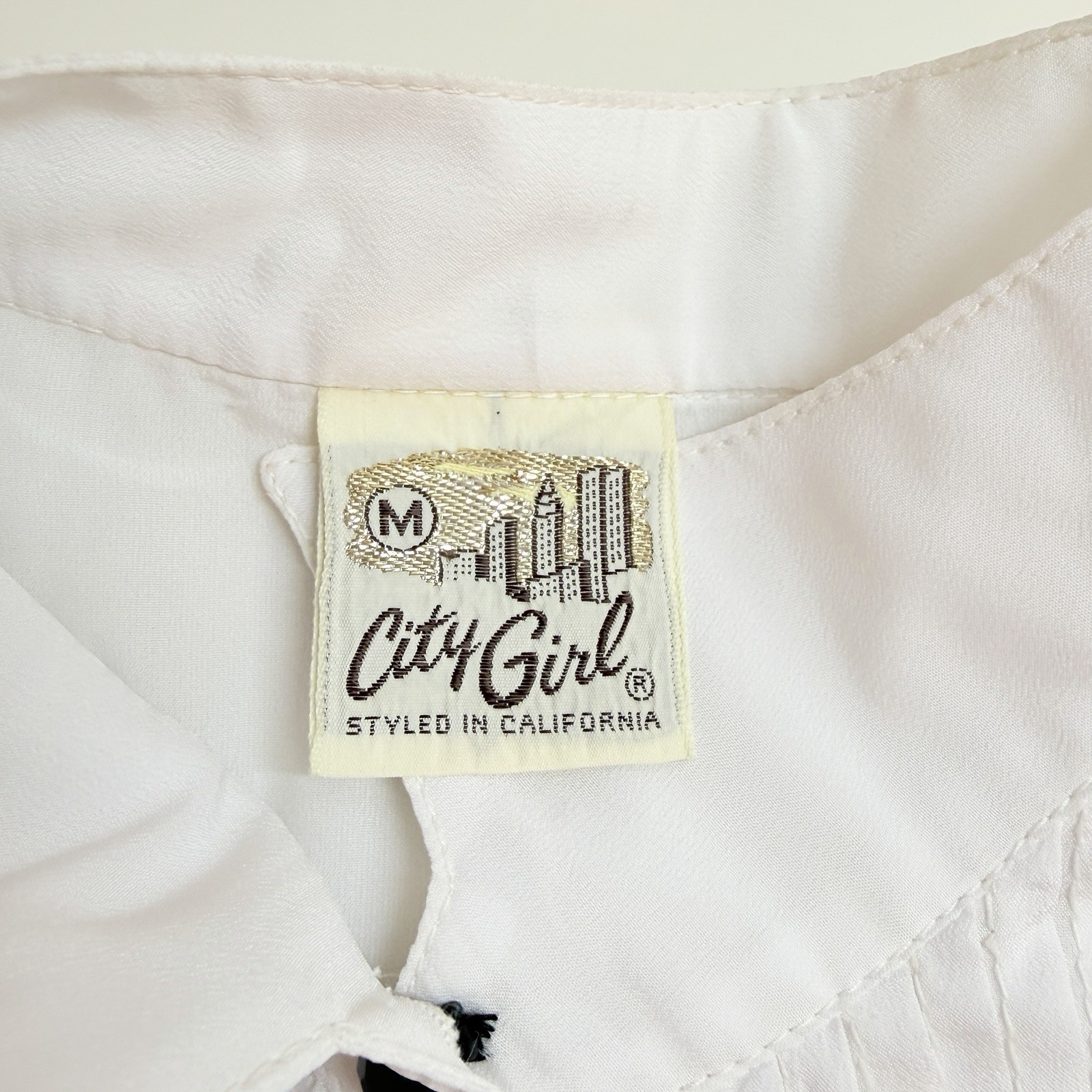 Vtg City Girl Tuxedo Top SZ M Off White Pleats Bib Puff Sleeve Prairie High Neck