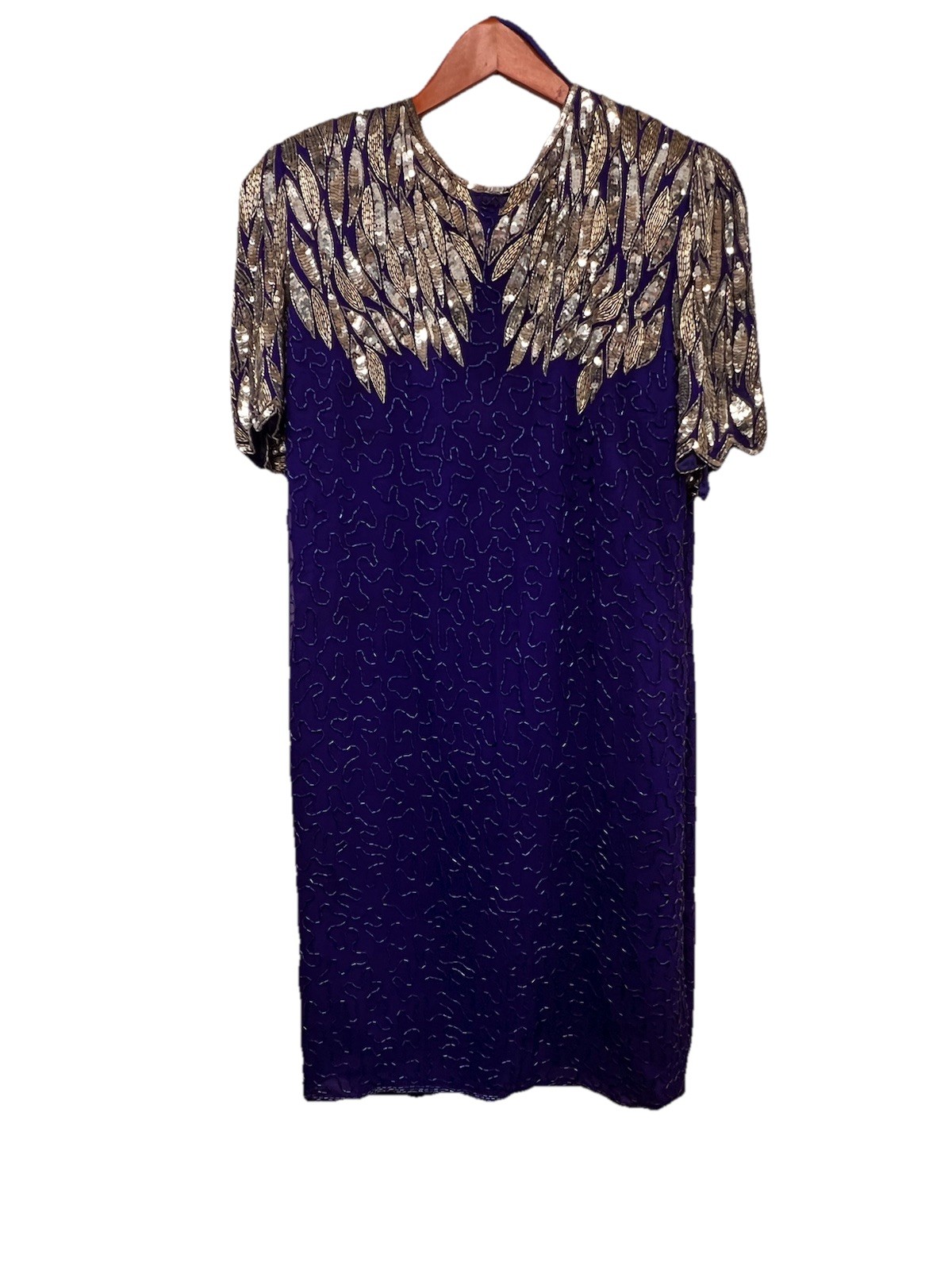 Vintage Formal Sequins Silk Beaded Dress Stenay 80’s Glamour Scallop Sleeves 14