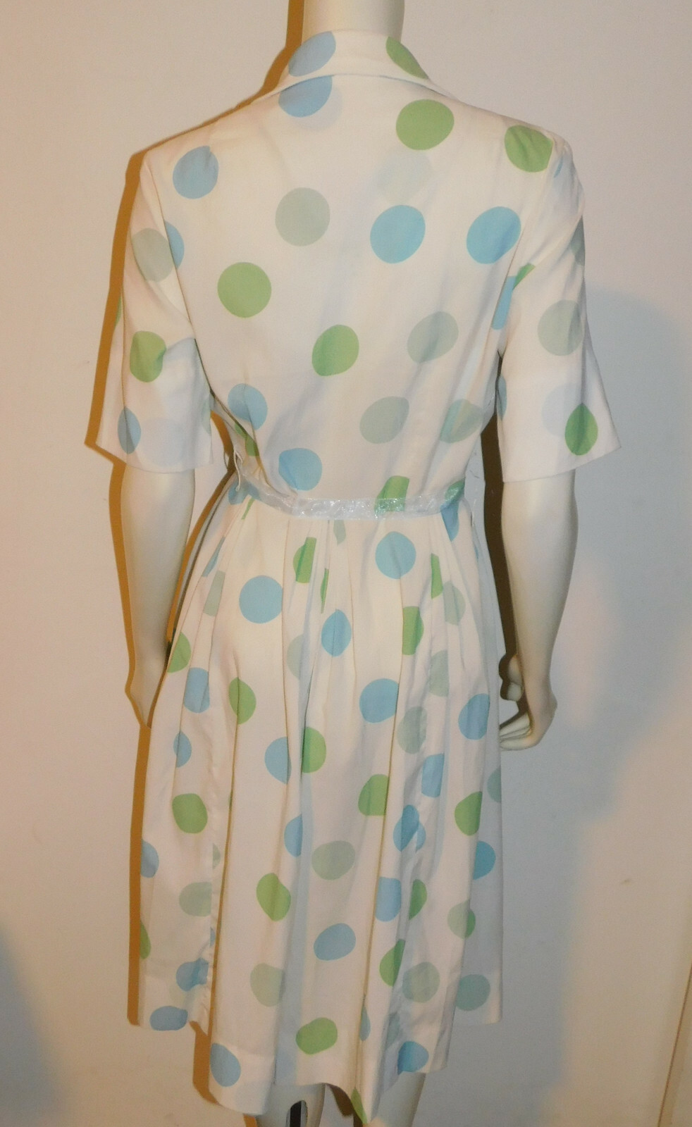 Polka Dot Vintage Dress 8 10 12 Fitted Blue Green SS Pleated Full Skirt Button