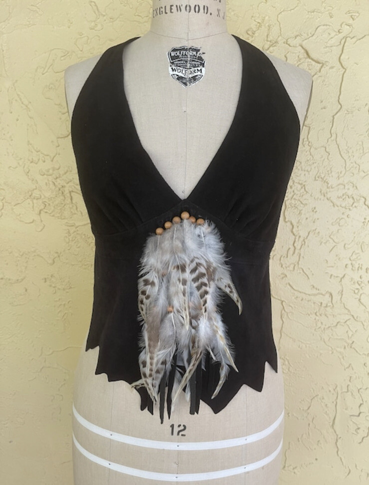 Vintage Halter Top Black Leather Bead Boho Biker Hippie Motorcycle Rock n Roll