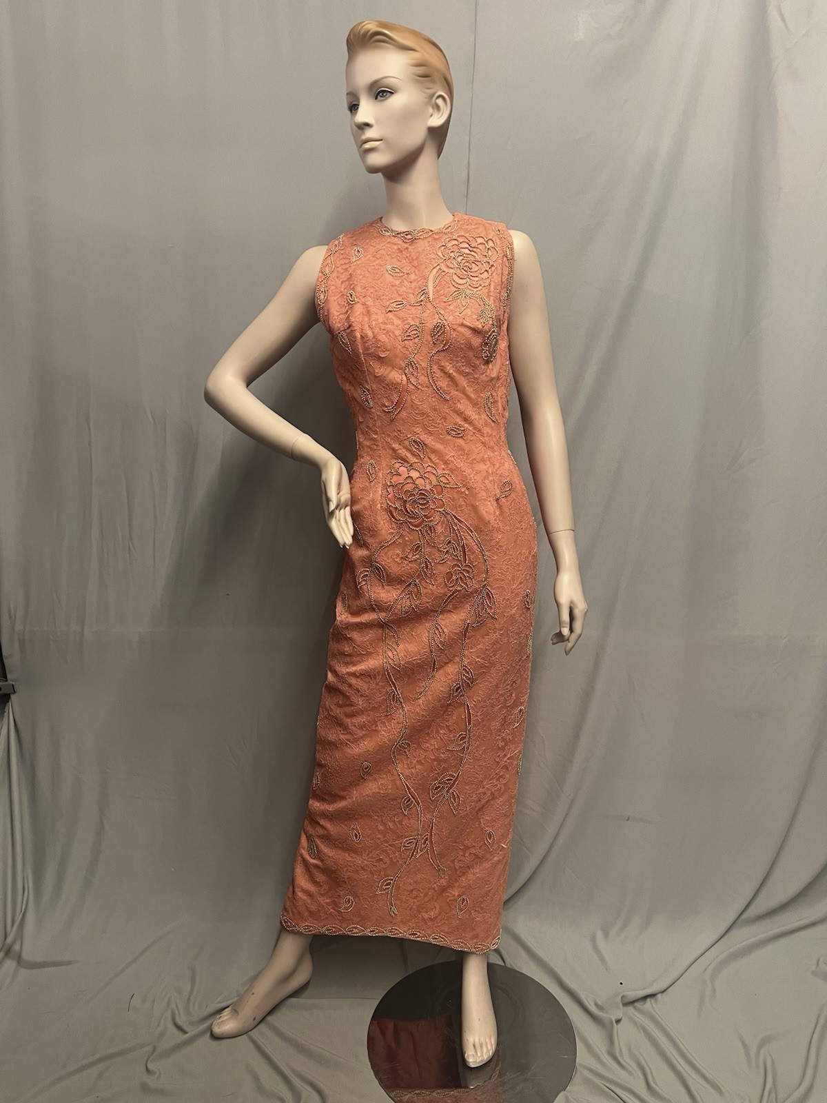 Elegant 1950’s Peach Beaded Lace Evening Gown Mory Roen Couture