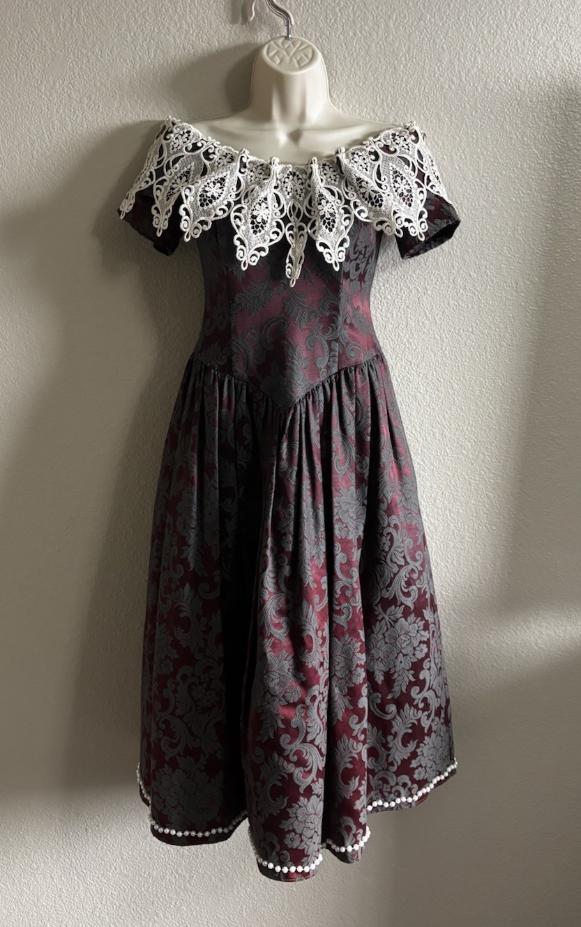 Vtg Scott McClintock 90s Floral Brocade Dress Lace Collar Off the Shoulder