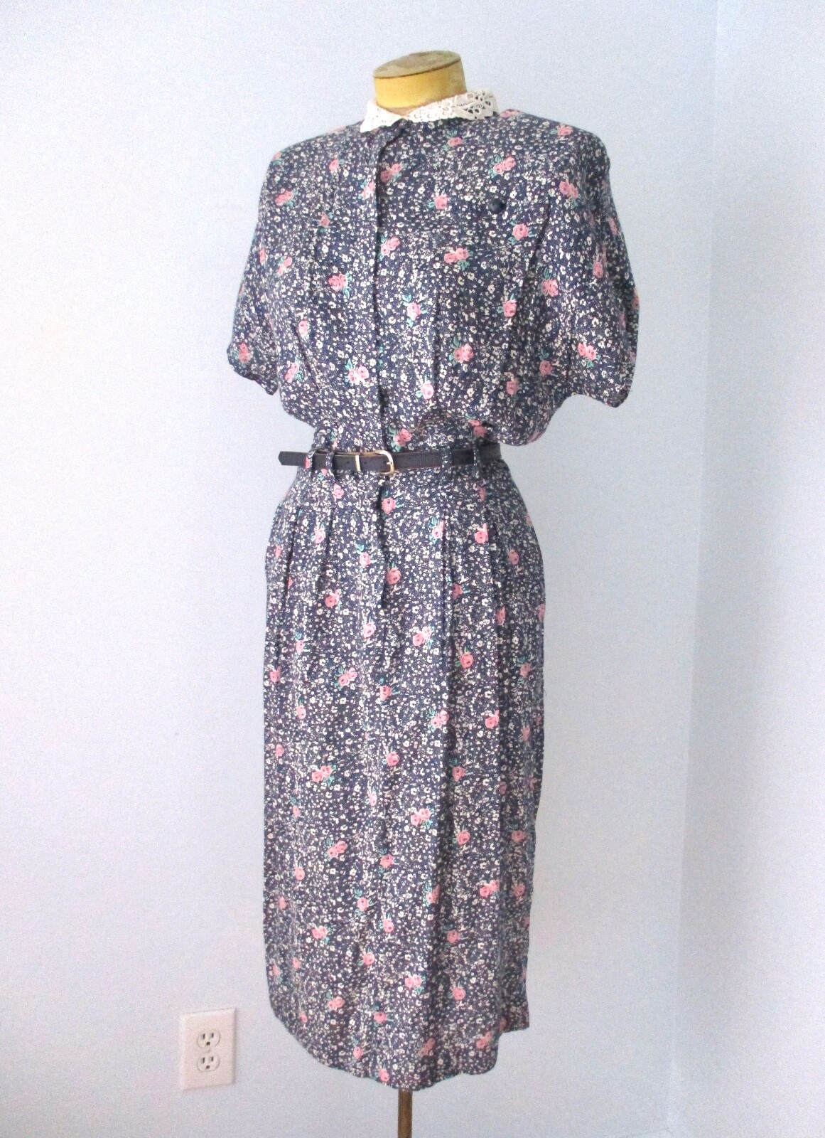 Vtg 80s Paquette Too! Blue Pink Floral Cottagecore Secretary Dress Pockets 10