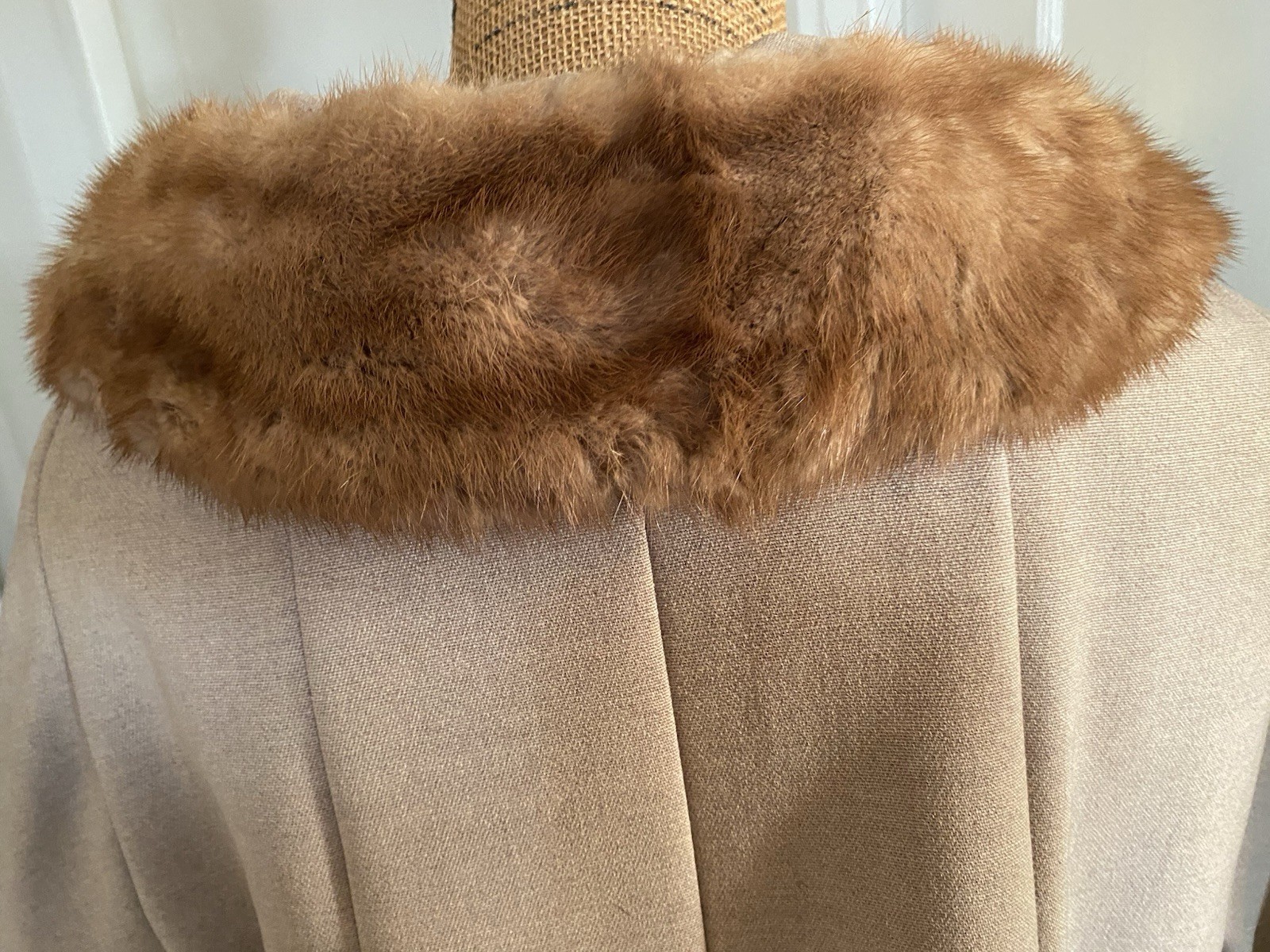 Vintage 1950s Tan Wool Swing Coat Real Mink Fur Collar Cuffs 46” Bust Nice!!!