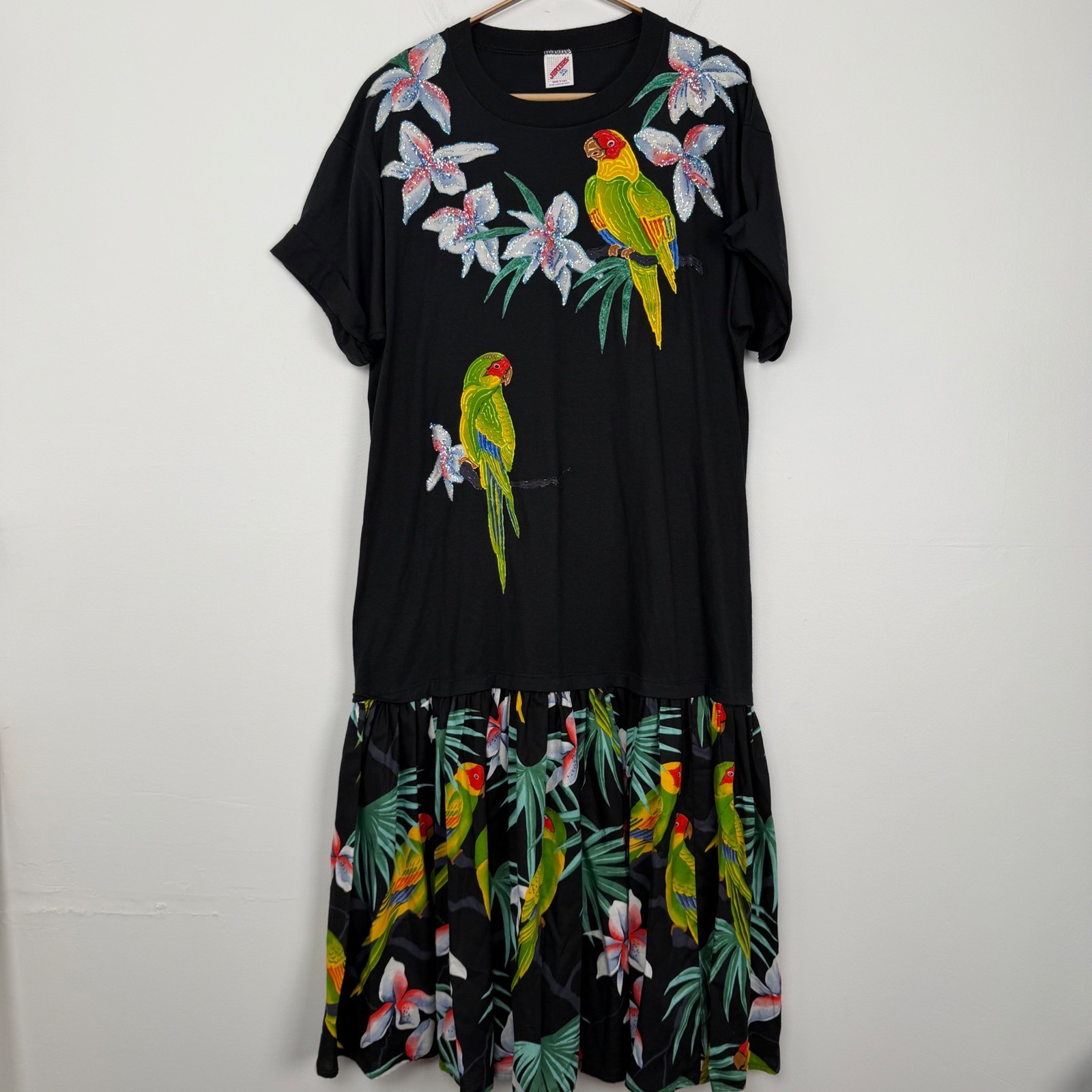 Vintage Jerzees Tropical Wearable Art Parrot Glitter T-Shirt Dress Black XXL 90s
