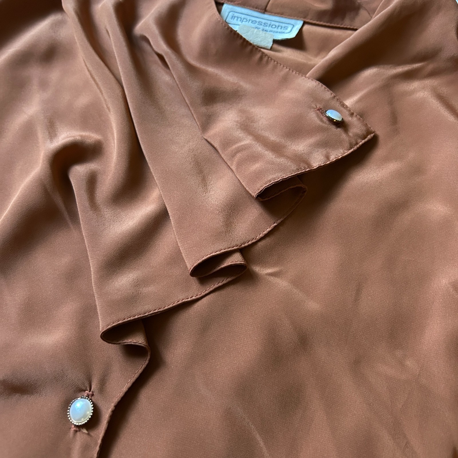 Vintage Impressions of California Rust Orange Silky Blouse Asymmetrical Collar