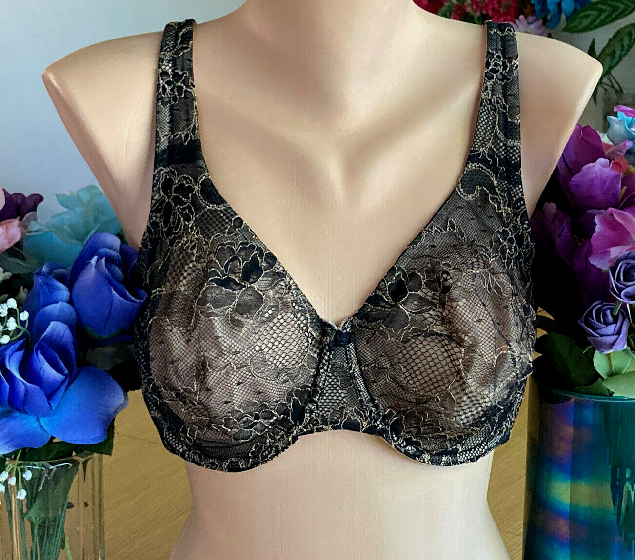 522 CACIQUE 38DD BLACK Lace Lined Wide Back Molded Cup Underwire Bra #70783