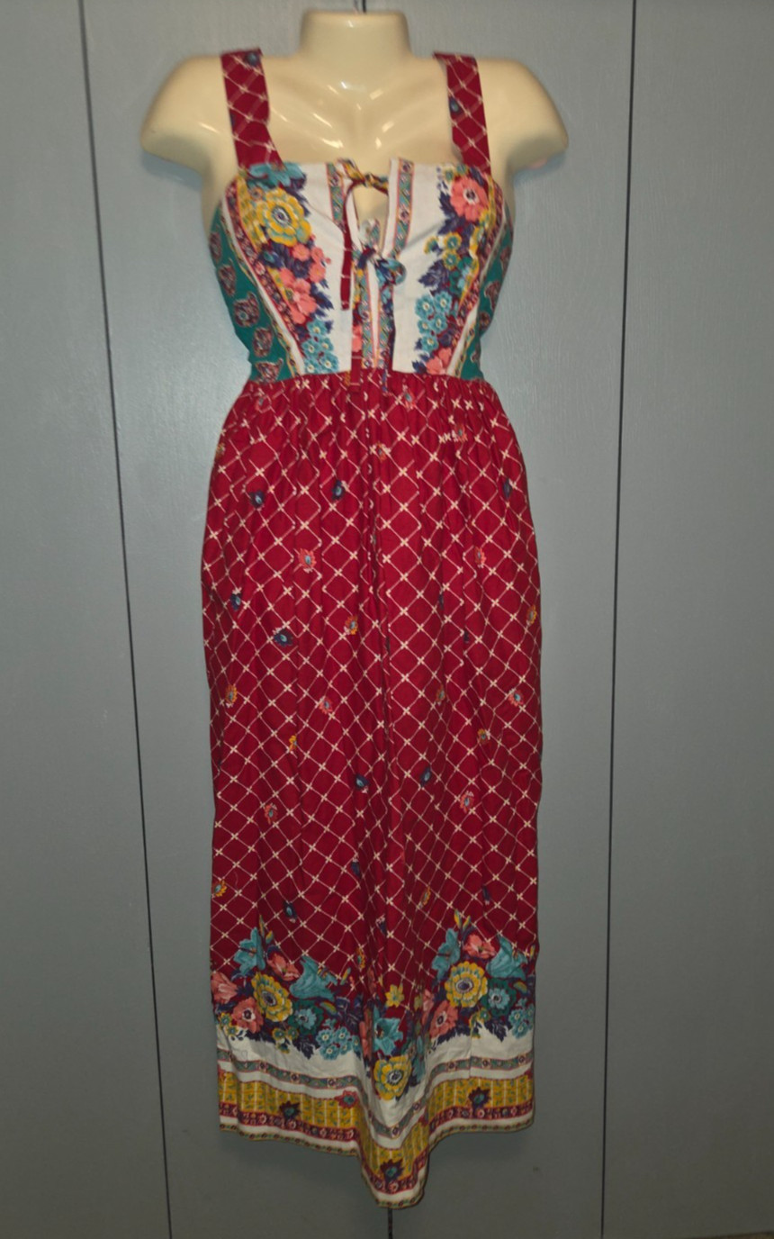 VTG Tiffany Loungewear Red Mod Hippy Maxi Dress Red Med 34/30/50 Sundress