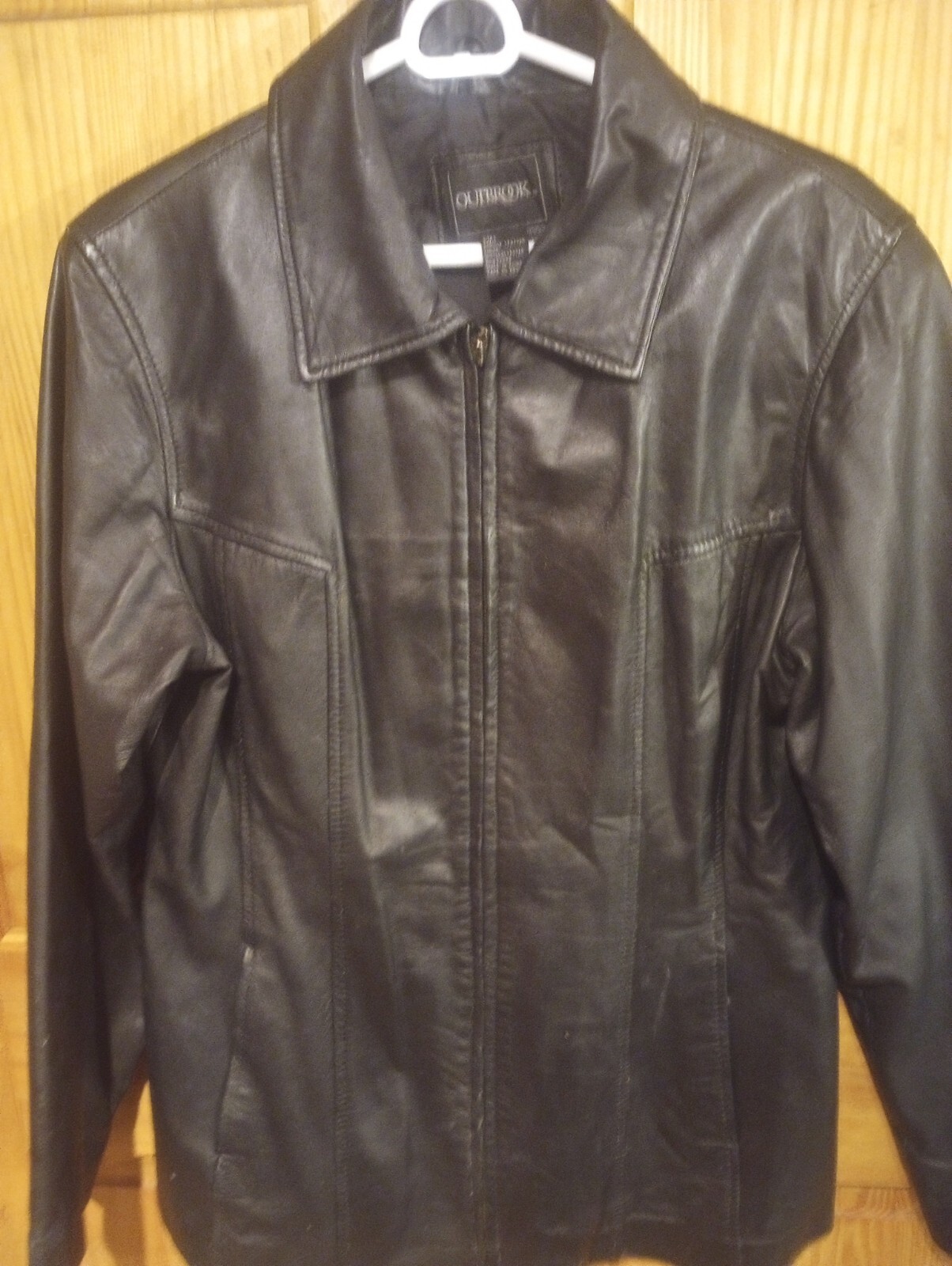 Vintage OUTBROOK Brand Genuine Leather Zip Up Jacket Size L 14-16 2 Pockets Nice