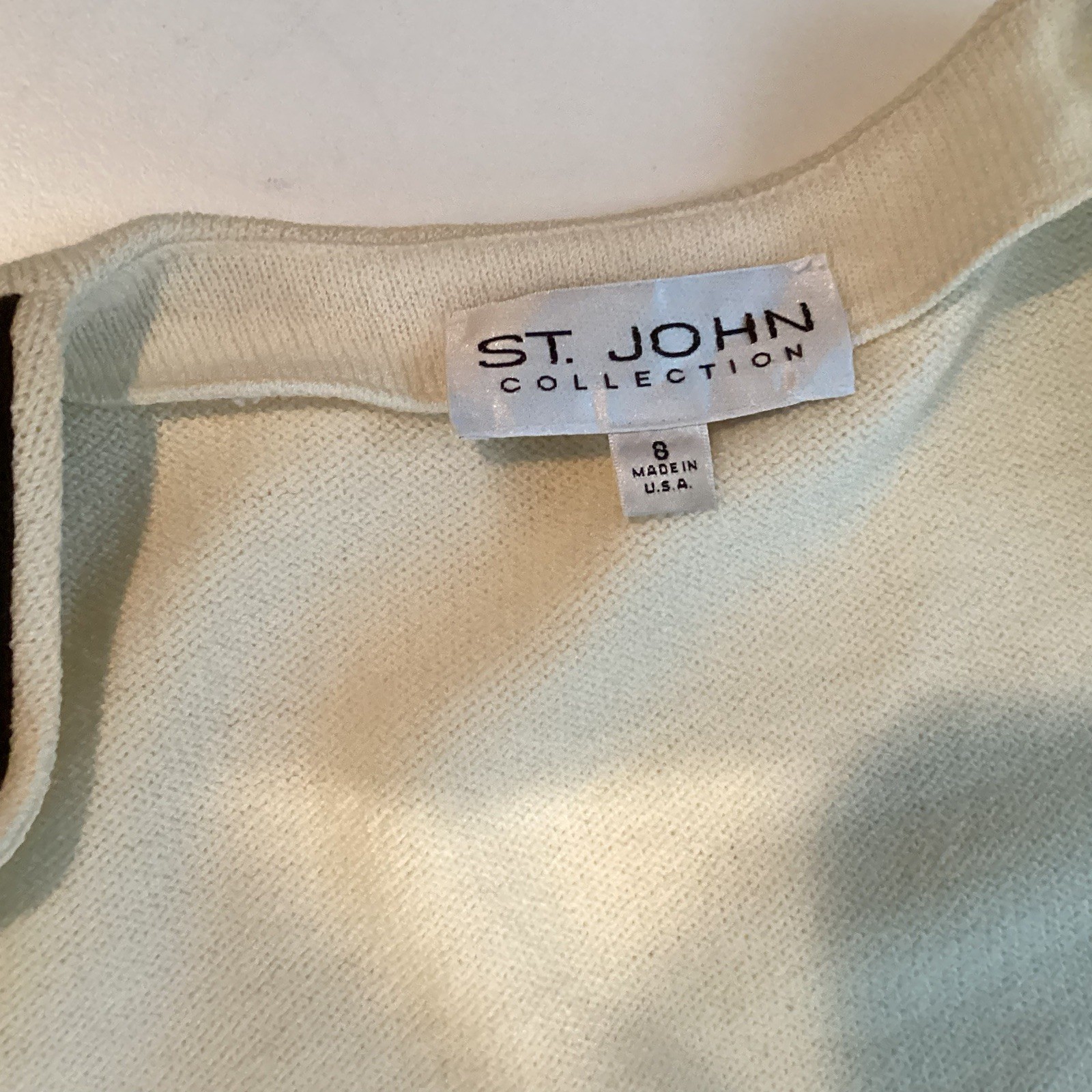 Vtg St. John Santana Knit Jacket Cream Black Trim Full Zip Cardigan Sz 8 Flawed