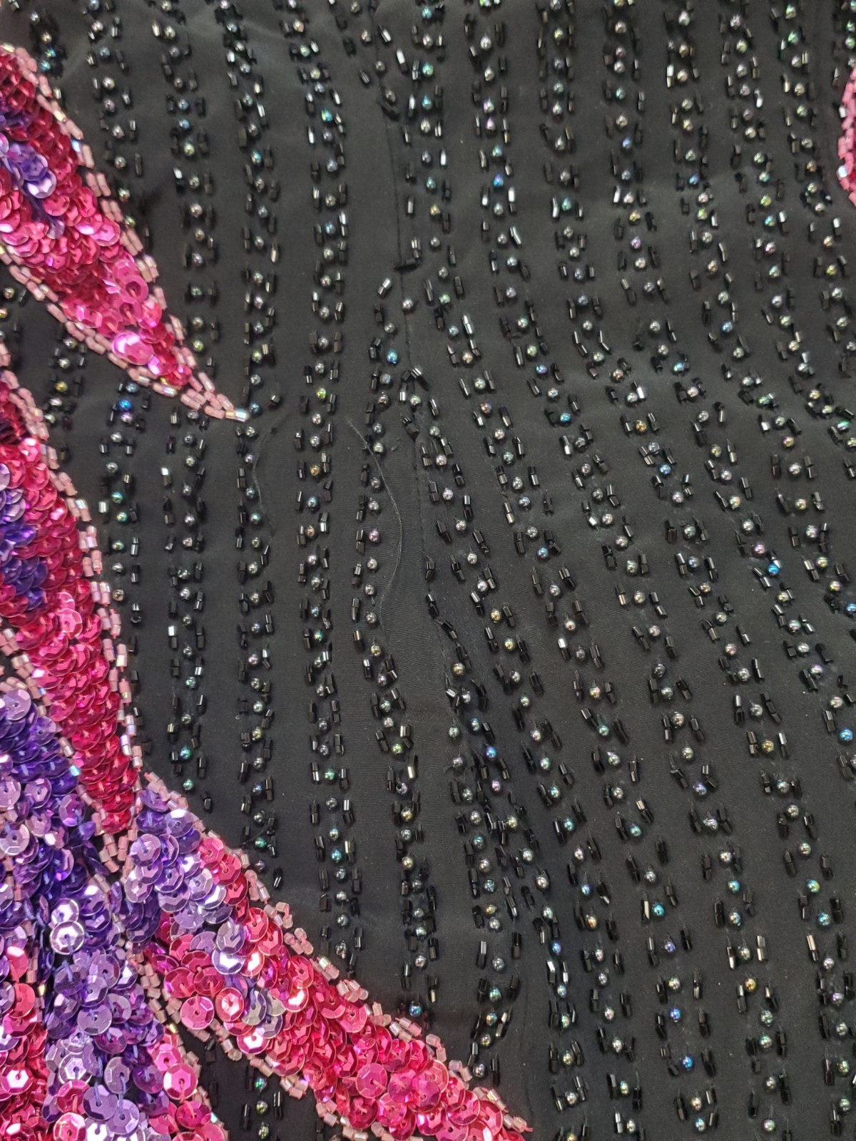 VTG 80s SHO MAX Black/Pink/Purple BEADED Sequined BAROQUE Silk TROPHY Dress Sz M