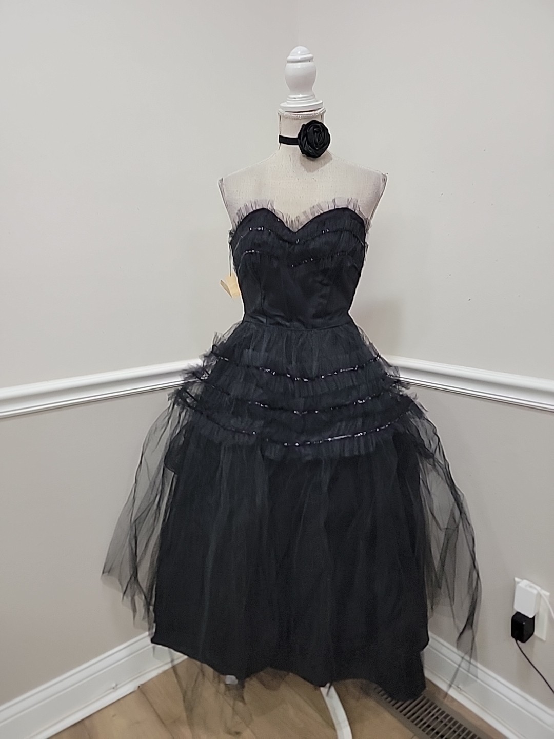 VTG 1950s Mid-Century Black Tulle Party Dress Nipped Waist New Look NWT